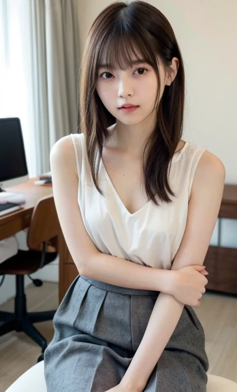 Highest quality, masterpiece, 8k, Perfect body, beautiful girl:1.4,High school girls, Medium Hair, (bangs, Shiny hair), Medium chest:1.5,White Uniform, ((White shirt, Long sleeve, tie, )), ((Pleated skirt)), Highly detailed face, Highly detailed skin texture,Cute face, ((Fair skin, light makeup, Thin eyebrows, Thin eyebrows)), double eyelid,looking at the camera, (Natural look, Close your lips), Kneel, Slender body, (Beautiful shape), Thighs, White floor, Professional Lighting, Bright room, innocent
