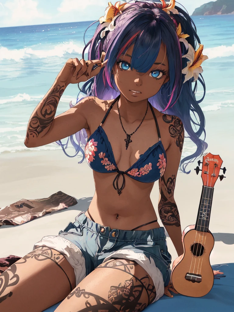 (masterpiece, best quality, ultra detailed, ultra high resolusion, highres,8k:1.4),detailed beautiful eyes,(Intricate Iris Details:1.4), BREAK,20_years_old, (girl sitting on the beach playing ukulele:1.3), grin, (dark_skin:1.1),(tribal_tatoo),(wavy hairs),(messy hair),(asymmetry bangs),(multicolored hair),
Tsurime Eyes, (((blue eyes))),
(Depth and Dimension in the Pupils,Meticulous Eyelash Details),((flower hair ornament)),(shortpants,bikini:1.4),beach, sunset,