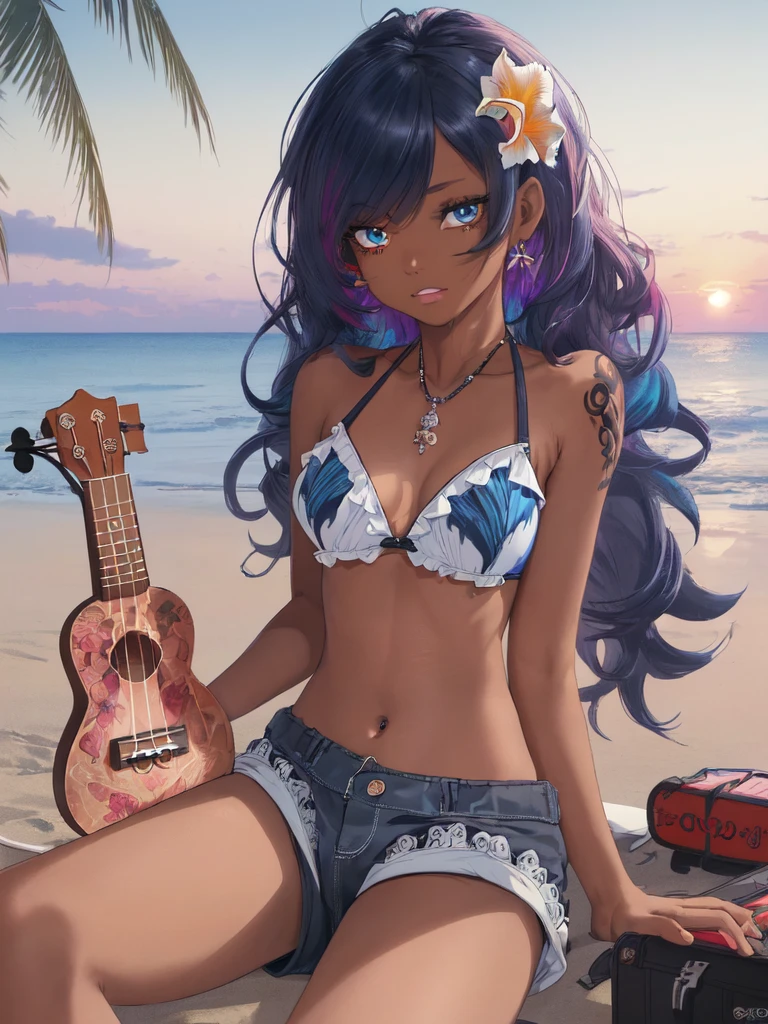 (masterpiece, best quality, ultra detailed, ultra high resolusion, highres,8k:1.4),detailed beautiful eyes,(Intricate Iris Details:1.4), BREAK,20_years_old, (girl sitting on the beach playing ukulele:1.3), grin, (dark_skin:1.1),(tribal_tatoo),(wavy hairs),(messy hair),(asymmetry bangs),(multicolored hair), 
Tsurime Eyes, (((blue eyes))),
(Depth and Dimension in the Pupils,Meticulous Eyelash Details),((flower hair ornament)),(shortpants,bikini:1.4),beach, sunset,