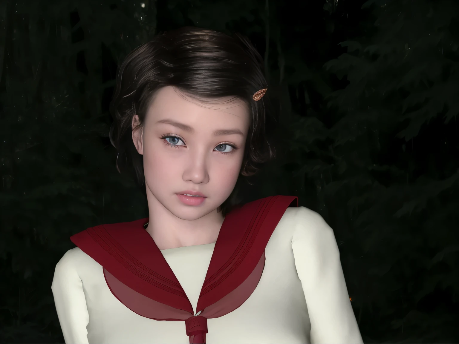 (dark photo、unity、8k wallpaper)、(very delicate and beautiful)、(masterpiece)、(highest quality:1.2)、(超A high resolution:1.3)、(beautiful realistic asian),beautiful lighting、perfect lightning、realistic shadow、fine skin、Super detailed、detailed face and eyes、realistic eyes、sharp pupils、Huge , inside the classroom、School、sunset、beautiful face、blurred background、(japanese woman)、shiny skin、side up、美しいblack hair、dull bangs、Japan High School Sailor Uniform、pleated mini skirt、gentle smile, ((table top, highest quality)), (shiny skin), cinematic lighting, Physically based rendering, award-winning, highly detailed skin, highly detailed face, Beautiful eyes in every detail, Carl Zeiss 85mm F/1.4, (Standing position), (cumin , on the chest and thighs), she'She's a very cute 16 year old , (black hair, straight long hair, open your eyes, blush), big cleavage, (sailor blouse, Pull up the pleated skirt yourself:1.3), watching from a distance, (navy knee socks, thigh focus),art by、
