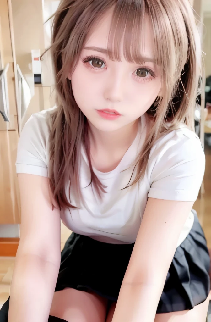 get down on all fours,Baby Pose,High high,puppy style,1 girl, single, alone, Beautiful woman、((I could see the whole body:1.3))、 ((middle wave hair, bangs, brown hair)), ((brown eyes, beautiful eyelashes, realistic eyes)), ((detailed face, blush:1.2)), ((smooth texture:0.75, realistic texture:0.65, realistic:1.1, Anime CG style)), perfect body, (( white shirt)), ((black skirt:1.3)), 1 girl,(highest quality,4k,8K,High resolution,masterpiece:1.2),1 Beautiful woman,18-year-old,35mm lens,f/1,considerable ,soft sunlight,bright colors,playful expression