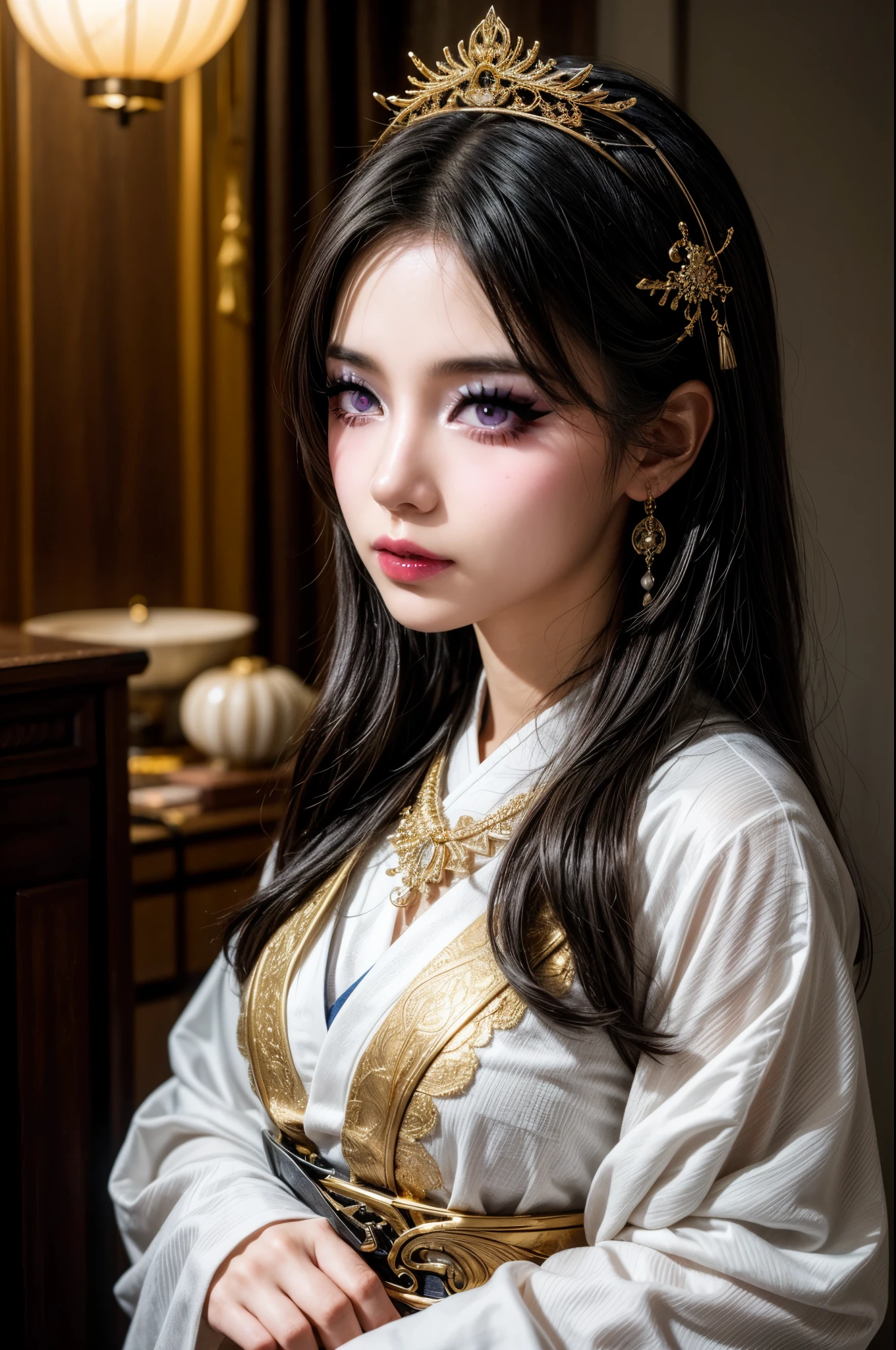 A portrait photo of a Japanese woman in her twenties,Made of white and silver clear glass and plastic, Geisha makeup, black hairstyle, Silver and gold metal interior, dynamic poses, flowing organic structure, Detailed carving, Lace design, Glowing golden circuit, colorful neon decoration, Detailed carving, Lace design, light emitting circuit, neon decoration, H's Art.right. jiger, Greg rightutowski