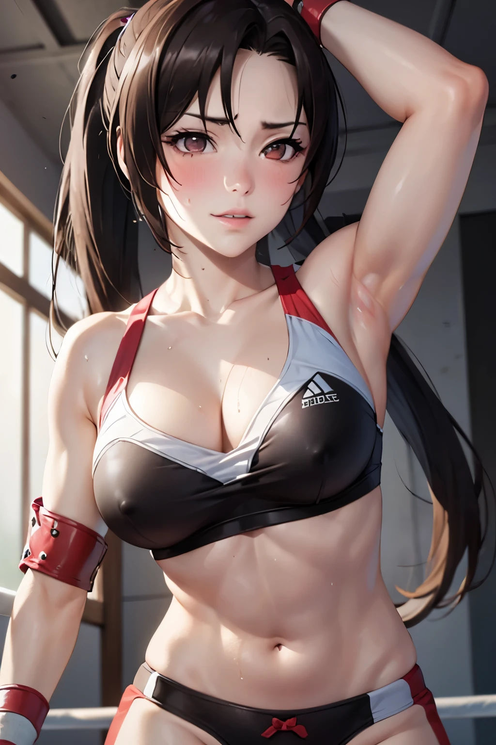 Female boxer straight punch, upper body, dramatic, masterpiece, sweat, high quality, punch with extended arm, boxing, blonde