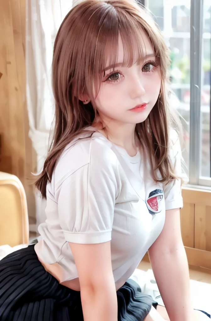 get down on all fours, Pose,High high,puppy style,1 girl, single, alone, Beautiful woman、((I could see the whole body:1.3))、 ((middle wave hair, bangs, brown hair)), ((brown eyes, beautiful eyelashes, realistic eyes)), ((detailed face, blush:1.2)), ((smooth texture:0.75, realistic texture:0.65, realistic:1.1, Anime CG style)), perfect body, (( white shirt)), ((black skirt:1.3)), 1 girl,(highest quality,4k,8K,High resolution,masterpiece:1.2),1 Beautiful woman,18-year-old,35mm lens,f/1,considerable breasts,soft sunlight,bright colors,playful expression
