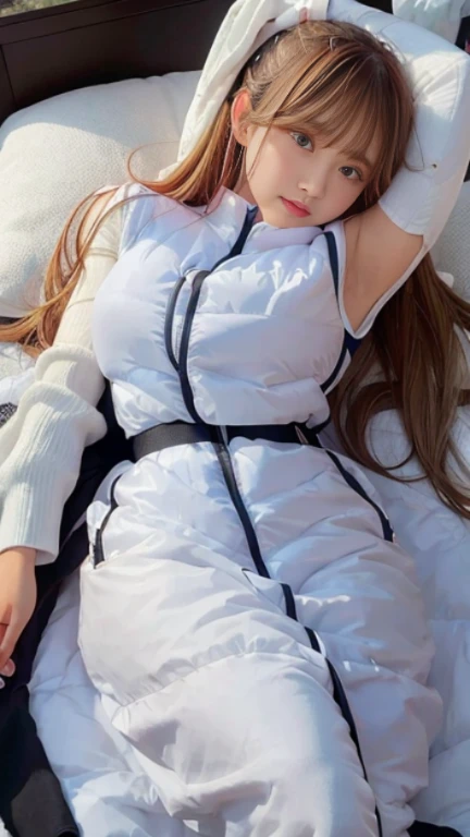 bright look、photorealism、full body painting、highest quality、超A high resolution、picture、北欧生まれの非常にbeautiful少女の写真、extraordinary beautiful girl、可愛くてbeautiful顔の詳細、(Pueros face_V1:0.008)、beautiful bangs、alice in wonderland、、Radiant, fair, glowing skin、facial hair、Bangs that extend to the face、bangs between eyes、super long hair、Glamorous bright natural platinum blonde super long straight silky hair、high resolution eyes、beautiful, Bright and clear, Big light blue eyes shine charmingly、(white astrovest):10、eyeliner、double eyelid、rich bust、Going to bed、lie on your back、sprawl、sleep on your side、lying on one&#39;s back