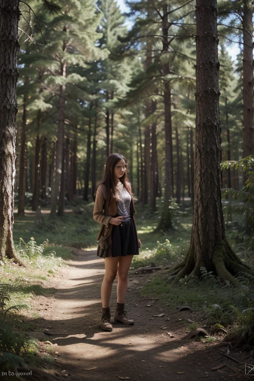 Illustration for a fairy tale about a girl, standing in the forest, who can talk to animals"