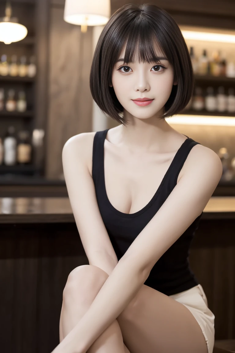 ,(((masterpiece, highest quality, Super detailed))), 1 female, (((very thin body))) , (((length, thin legs))), (((black short hair,dull bangs):1.2)), (((highly detailed face))), cosmetics free, small, thin nose, small thin mouth, (((Very sharp focused eyes))), Japanese, beautiful face, (lifelike face), beautiful hairstyle, realistic eyes, fine and beautiful eyes, beautiful body,(real looking skin), beautiful skin, charm, ultra high resolution, surreal, high detail, golden ratio, elevation angle,(detail makeup:1.2), Tank top,Hot pants on,BAR Background,