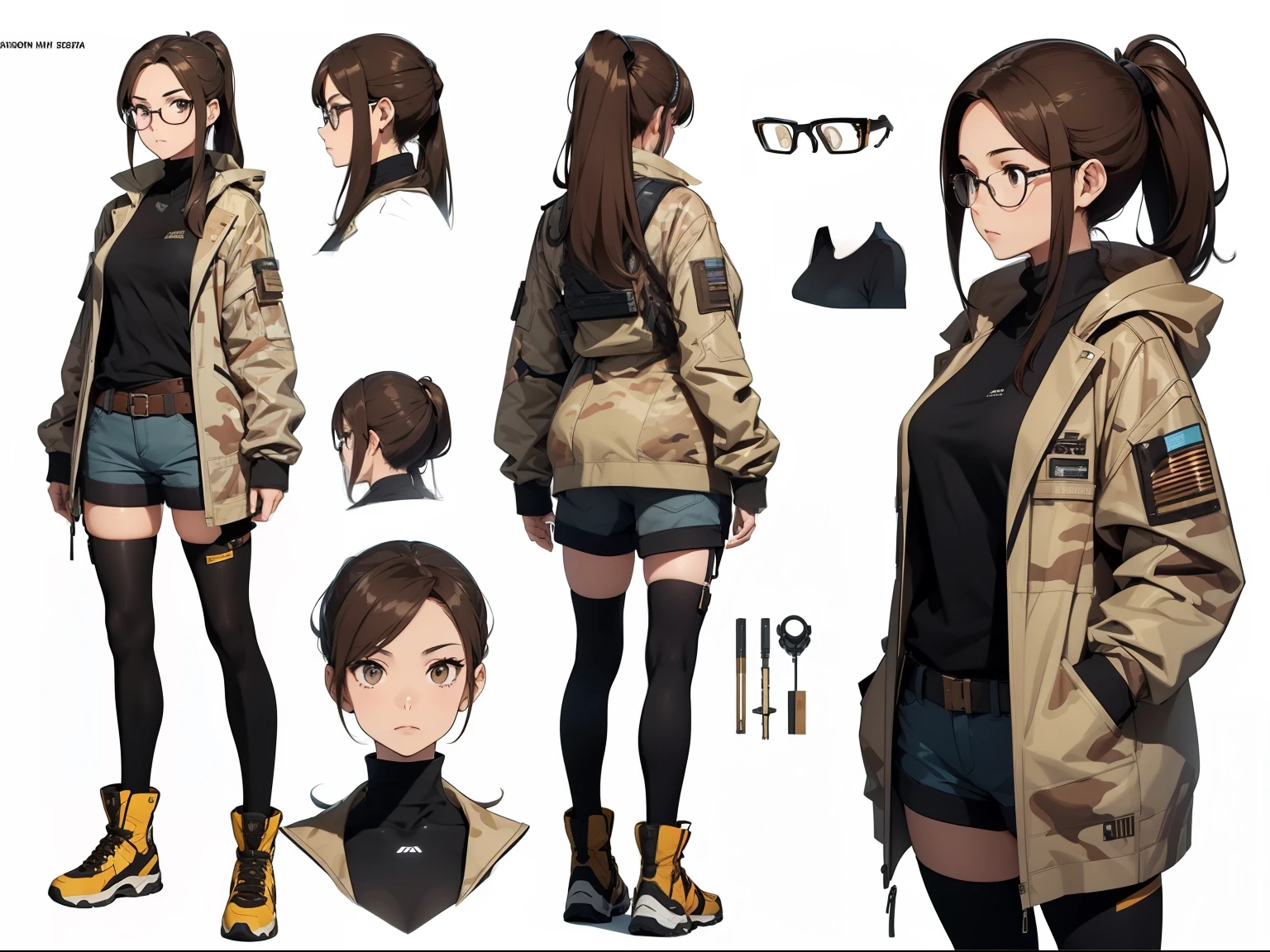 A woman, 20 years old, long brown hair, ponytail, tall boots, aesthetic body, thick thigs, stylish, scientist, scientist clothes, muscular legs, white coat, desert camo, brown tank top, shorts, futuristic, eyeglasses, cleavage, tech equipment, various angles, (front, back, side), character sheet, model sheet, reference sheet.