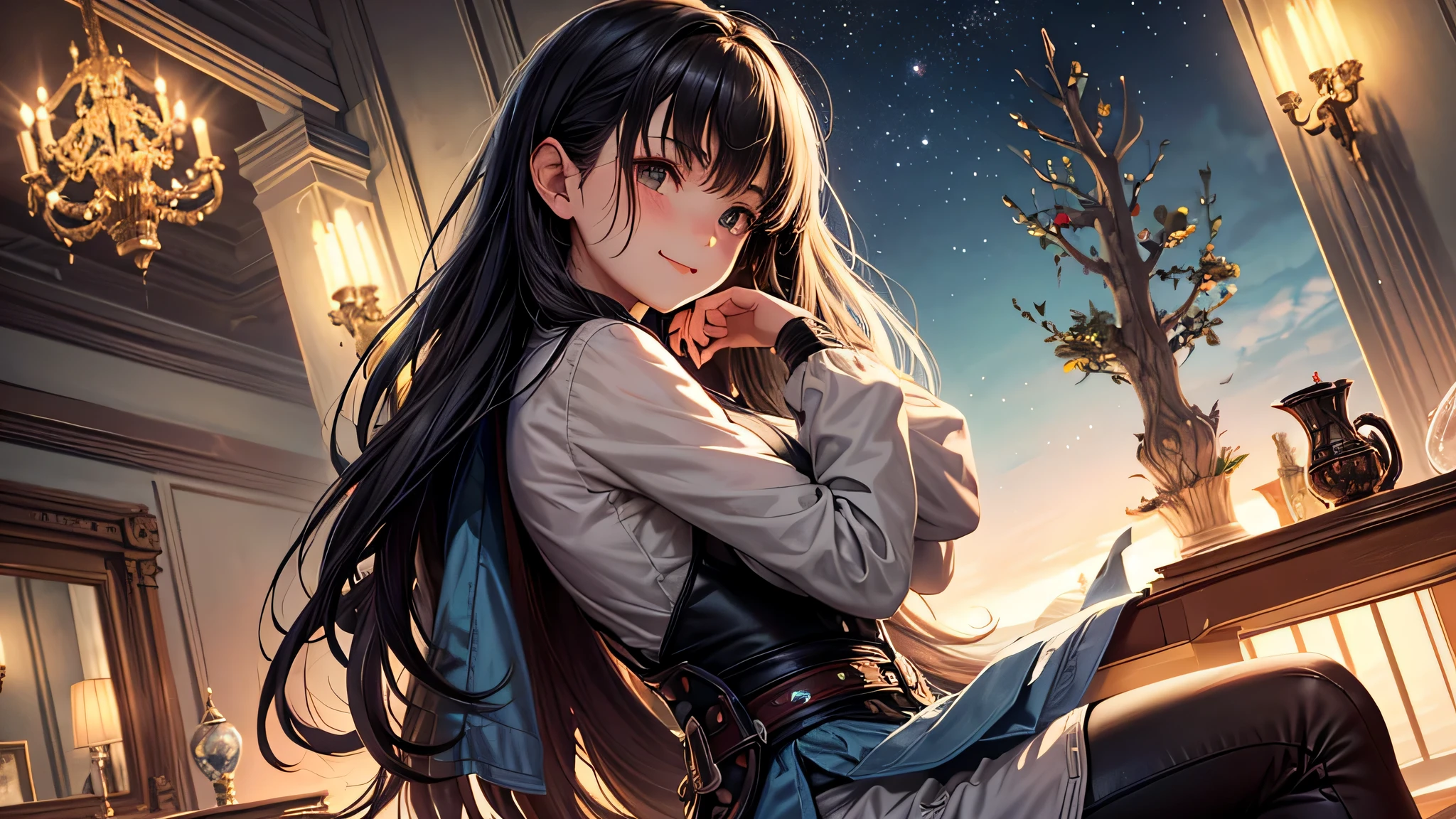 ((Biologically correct limb count))、(( A full-body illustration from toes to face))、4K、Masterpiece、((Eyes with delicate depictions、Detailed depiction of faces、Focus on the face))、((Symmetrical, well-proportioned facial features))、Beautiful school girl、Slender Body、(Black shirt、skirt)、Looking up、Low - Angle、Brown Hair、Lonely background