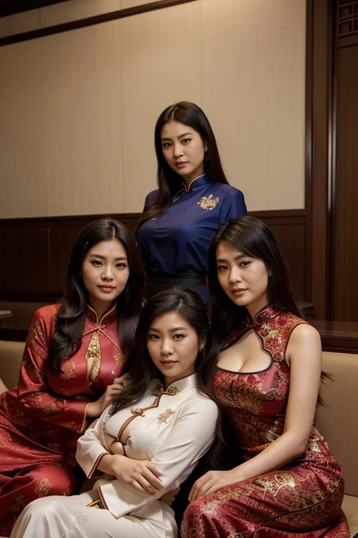 Portraits of 4 women, Four fat middle-aged Asian women, long hair, Smile, Elegant designer long closed cheongsam suit, long wide pants, close up, fashion magazine photoshoot, elegant posture, Standing and sitting on the Oriental high sofa, Inside a Shanghai bar, Retro look, Shanghai in 1920, Rich oriental style [[close upcleavage]]]]Huge long saggy breasts, cleavage, The chest is more exposed。