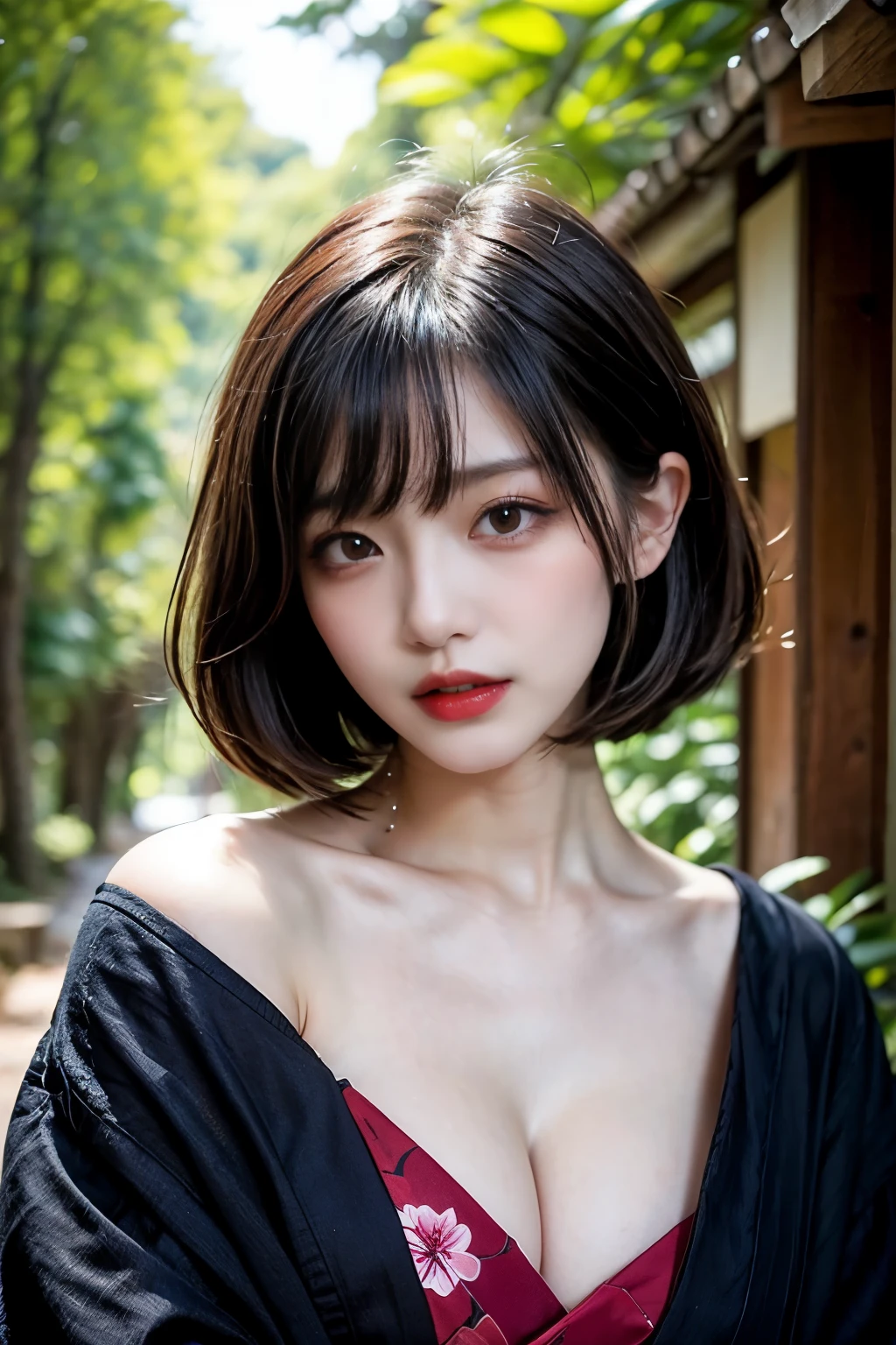 1 girl, bangs, black hair, red eyes, Black kimono fashion,bob cut,short hair, cleavage, clavicle, A kimono with a wide open collar, Japanese, Japanese style,forest,mature woman,shiny skin,rain,water droplets,