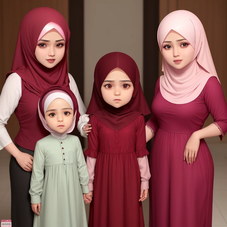 keluarga muslim, pria umur 34 tahun, wanita dewasa umur 34 tahun, anak perempuan umur 9 tahun, dengan baju muslim warna merah maroon, keluarga bahagia,