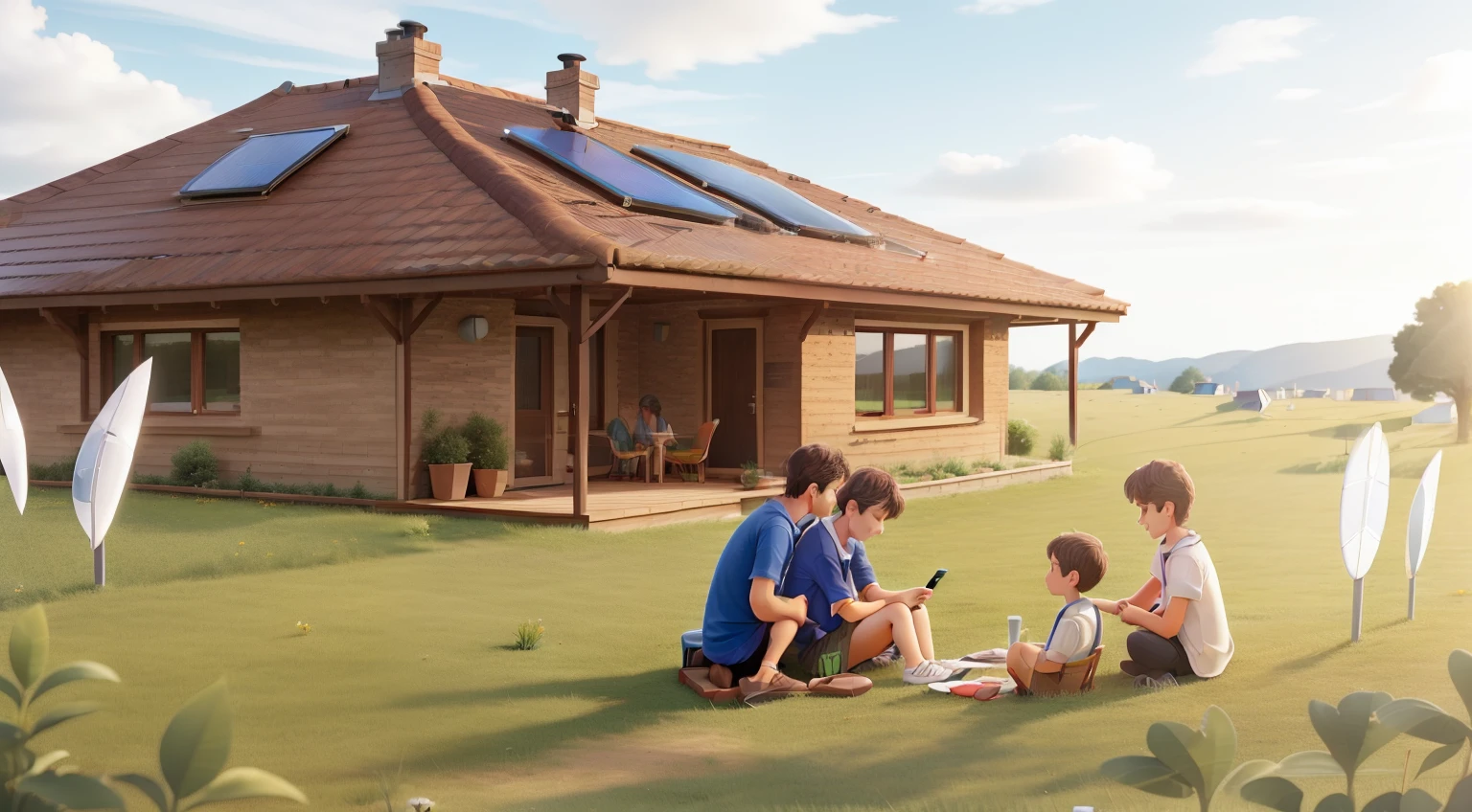 there are three people sitting in the grass outside of a house, solar, rooftop solar panels, solar power, passive house, solar powered, by Karl Völker, photo taken from far away, by Xul Solar, solar panels, by Kurt Roesch, by Jakob Gauermann, by Werner Gutzeit, by Randy Post, stunning design