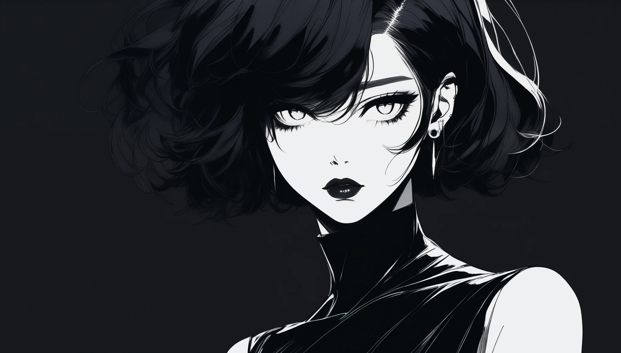 (best quality, sketch:1.2),realistic,illustrator,anime,1 girl, detailed lips, black dress,custom, (background dark monochrome),neon hair,textured cropping, masterpiece, style retro classic, noir dark, art, sketch book, (bob hair black:1.75 neon:1.32), bad women , dark monochrome background, dark fantasy 