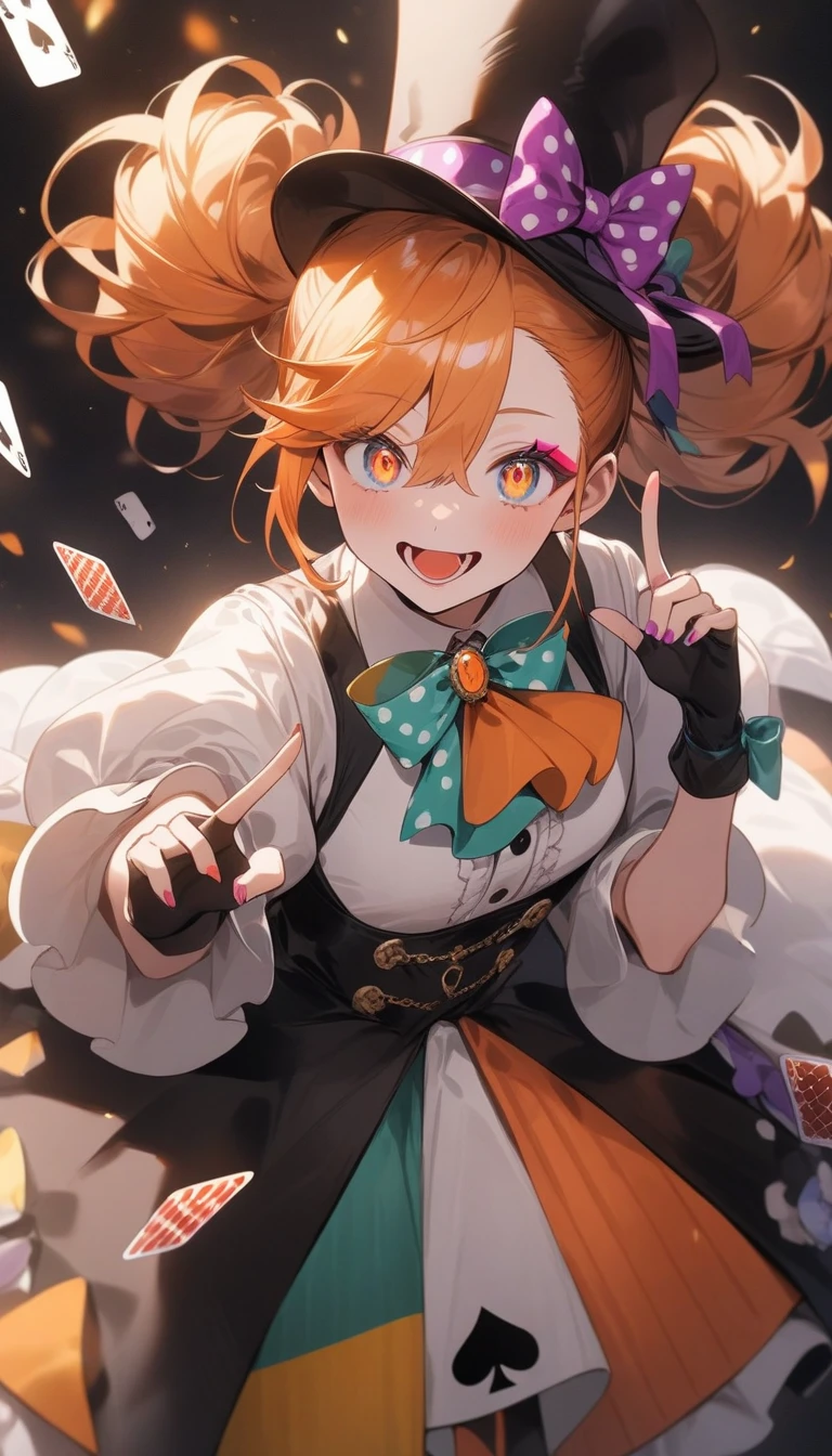 (highest quality、masterpiece、High resolution、detailed)、4K、beautiful anime、(Shining eyes、detailed美しい顔)､no text, 1girl,
BREAK
//Fashions 
Whimsical Tea Party Mad Hatter,
This costume captures the eccentricity and whimsy of the Mad Hatter character with a playful twist, Start with a colorful and mismatched ensemble featuring layers of eclectic fabrics and patterns, Pair a vibrant, oversized jacket or coat with a ruffled blouse and striped or polka-dot trousers for a whimsical look, 
BREAK
Add quirky accessories such as mismatched socks, fingerless gloves, and a patterned bow tie or ascot, Top off the outfit with a whimsical top hat adorned with feathers, ribbons, and playing cards, and don’t forget the signature orange wig or wild hairstyle, Complete the look with colorful makeup, including bold eyeshadow, bright lipstick, and rosy cheeks, embodying the playful spirit of the Mad Hatter’s tea party,
BREAK