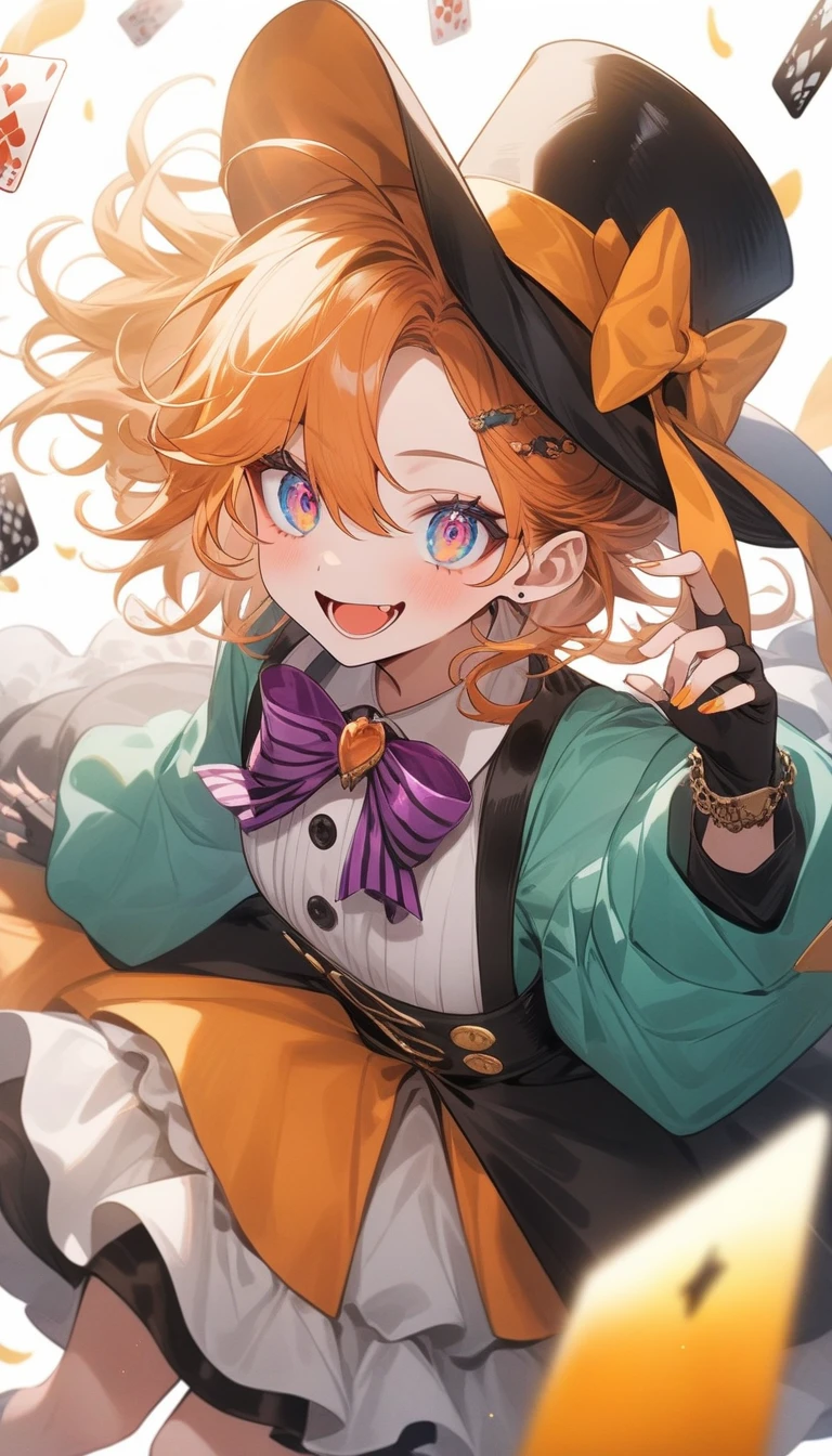 (highest quality、masterpiece、High resolution、detailed)、4K、beautiful anime、(Shining eyes、detailed美しい顔)､no text, 1girl,
BREAK
//Fashions 
Whimsical Tea Party Mad Hatter,
This costume captures the eccentricity and whimsy of the Mad Hatter character with a playful twist, Start with a colorful and mismatched ensemble featuring layers of eclectic fabrics and patterns, Pair a vibrant, oversized jacket or coat with a ruffled blouse and striped or polka-dot trousers for a whimsical look, 
BREAK
Add quirky accessories such as mismatched socks, fingerless gloves, and a patterned bow tie or ascot,  the outfit with a whimsical top hat adorned with feathers, ribbons, and playing cards, and don’t forget the signature orange wig or wild hairstyle, Complete the look with colorful makeup, including bold eyeshadow, bright lipstick, and rosy cheeks, embodying the playful spirit of the Mad Hatter’s tea party,
BREAK