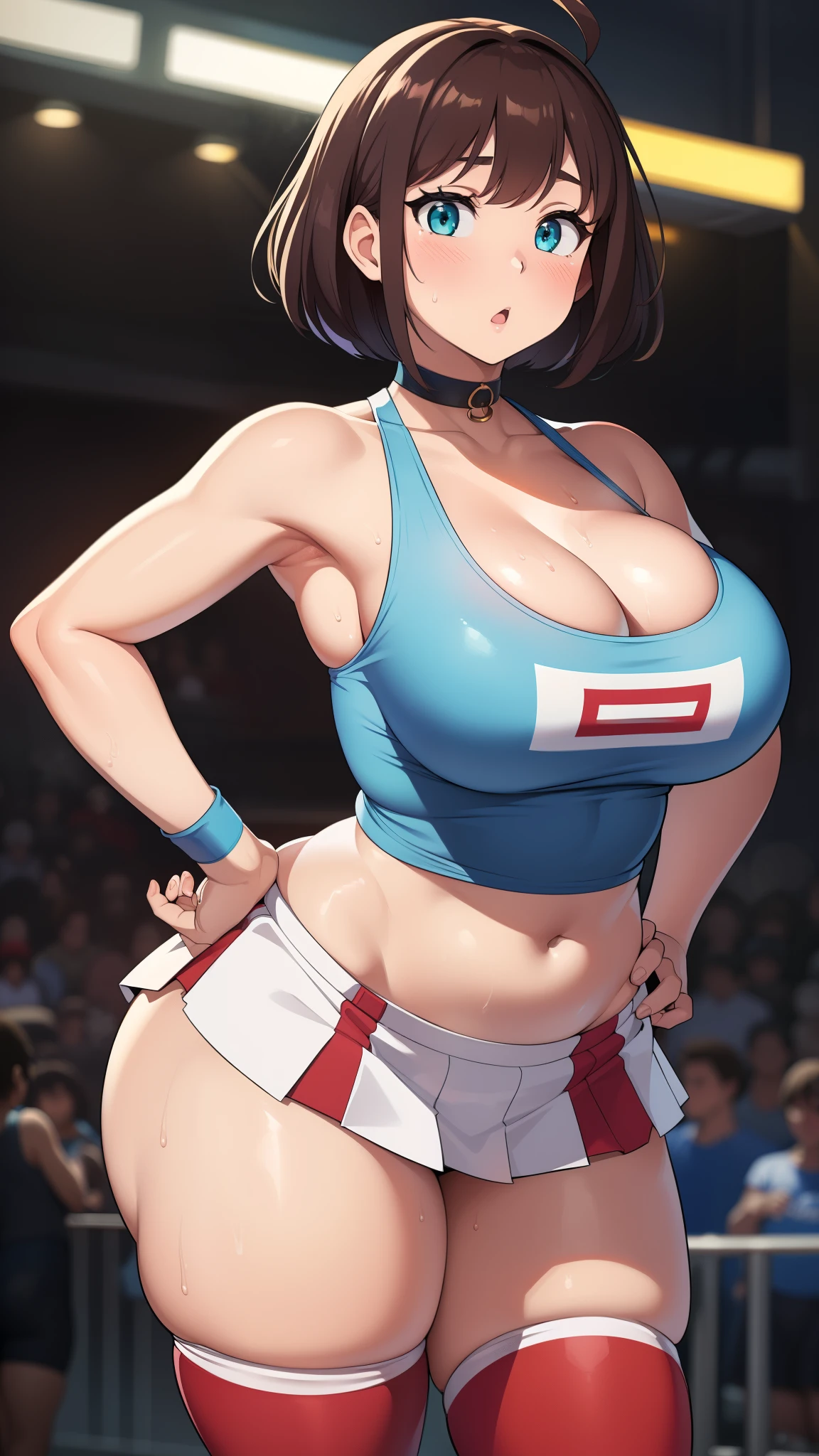 ((Masterpiece)), perfect anatomy, perfect shading, field of depth, (best quality), extremely delicate and beautiful, perfect lighting, detailed face, ultra cute face, cute, (cowboy shot 1.2), looking at viewer, (full body), (((1girl))), (((solo))), cheerleader

 short hair, fluffy hair, brown hair, green eyes, ((blush))), (cheerleader uniform), (blue and white tank top 1.2), (short section red skirt 1.2), thigh highs, chocker, extremely tight clothes, large breasts, cleavage, perky breasts, wide hips, thick thighs,

 School gym, intricate background, detailed background, sweaty, out of breath, hands on hip