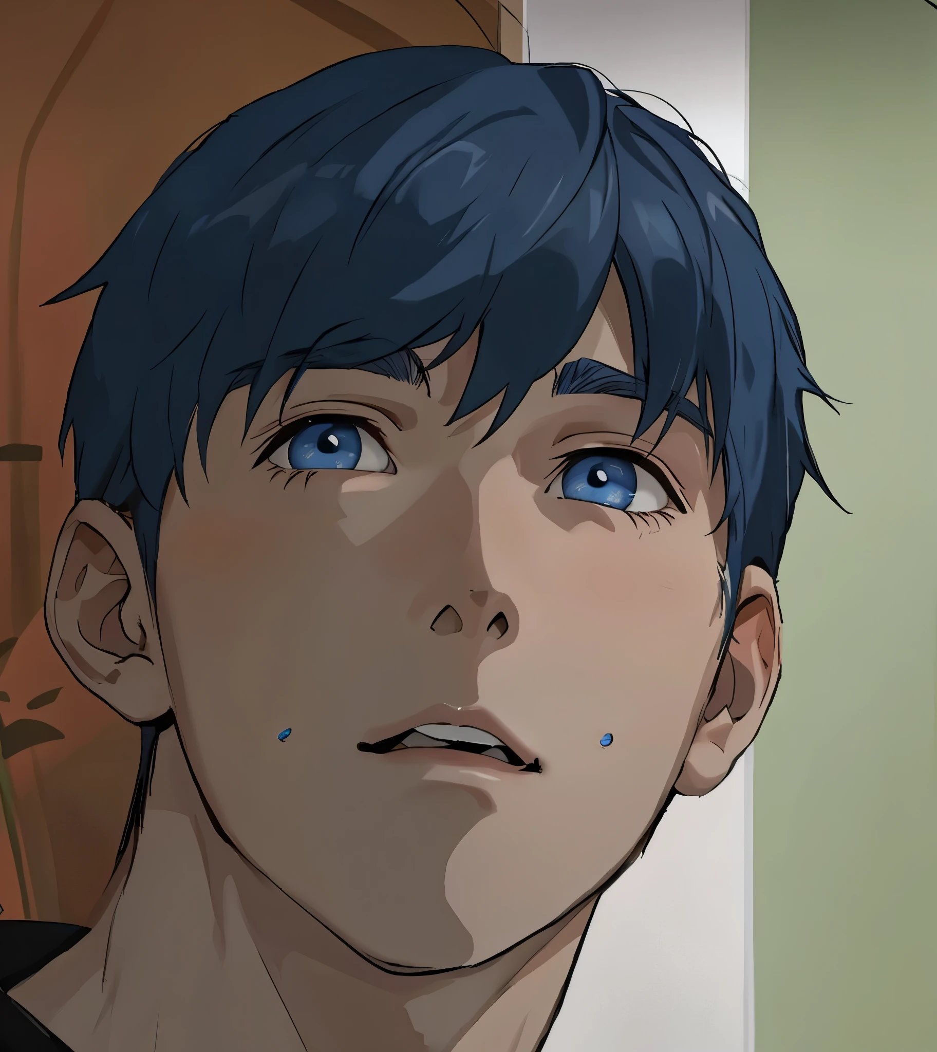look surprised at someone gray hair blue eyes 16 year old man