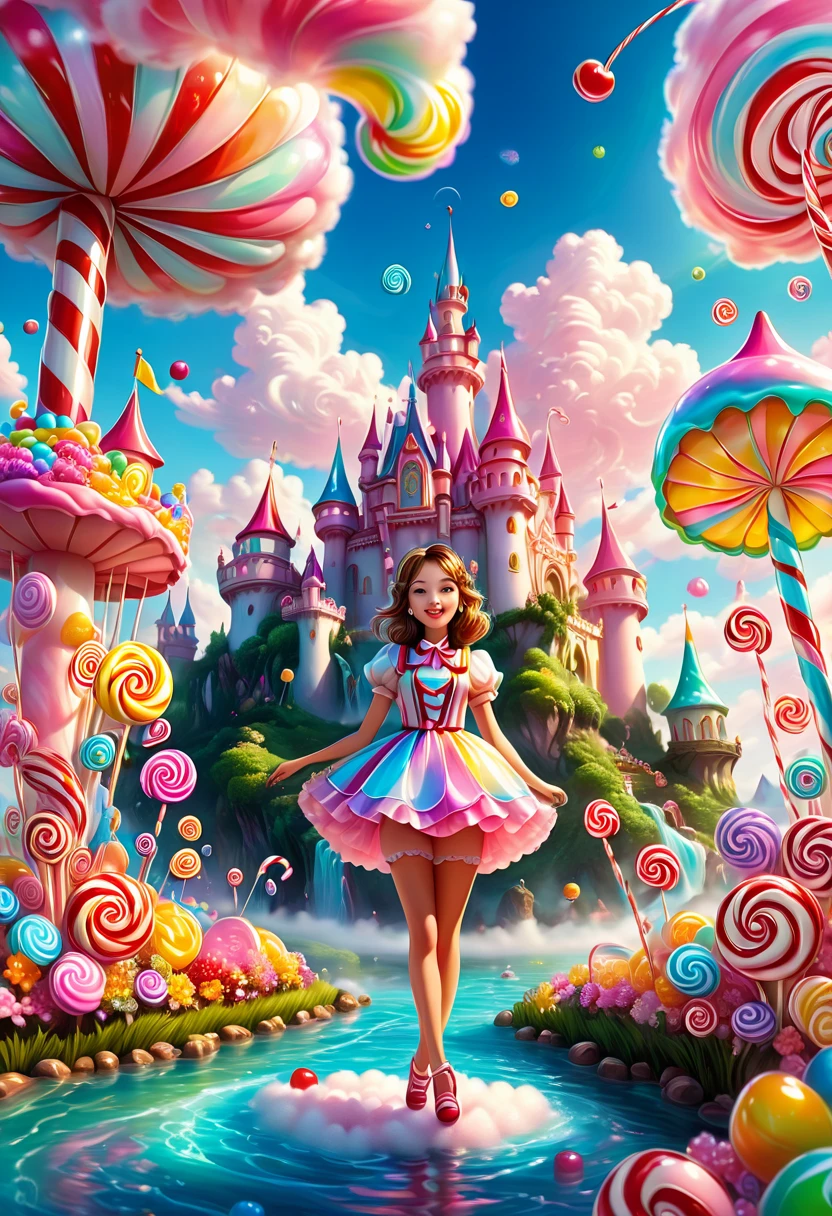1girl, Candyland, aesthetic, (best quality, highres), ultra-detailed, (realistic:1.37), vibrant colors, candy-themed, dreamlike, enchanting, whimsical, sunlit, joyful, playful, sugary attire, magical, enticing aroma, candy castle, candy river, cotton candy clouds, lollipops, candy cane columns, sugar sculptures, gumdrop boats, candy fish, vibrant flowers, cheerful musicians