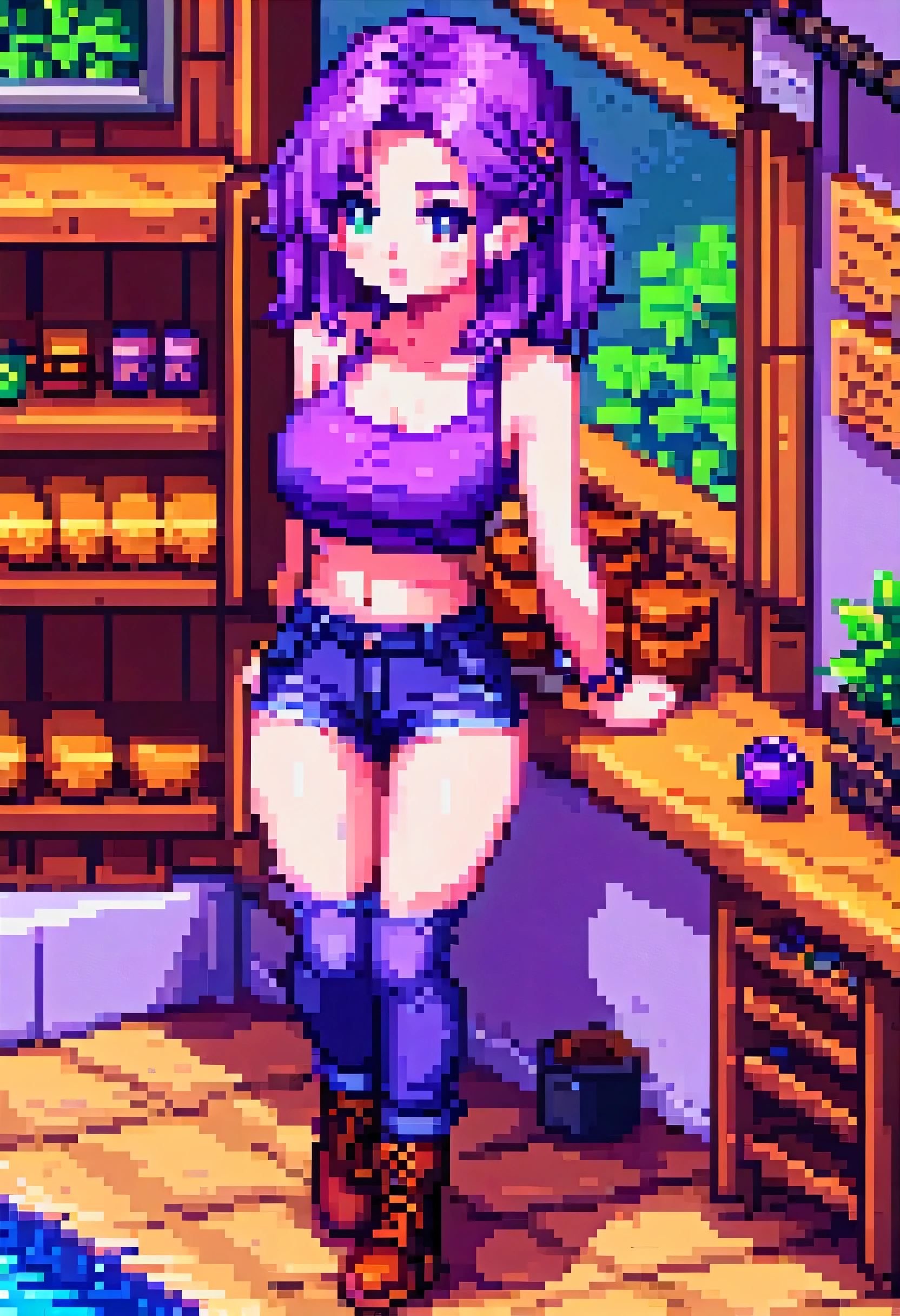 pixel art of a sexy girl with purple hair and purple top and big tits, pixel art by Kanbun Master, trending on deviantart, pixel art, pixel art sprite, 2 d sprite, visual novel sprite, abigail from stardew valley, full body sprite, 1 0 0 0 x 1 0 0 pixel art, pixel art style, sprite 2 d, /r/pixelart