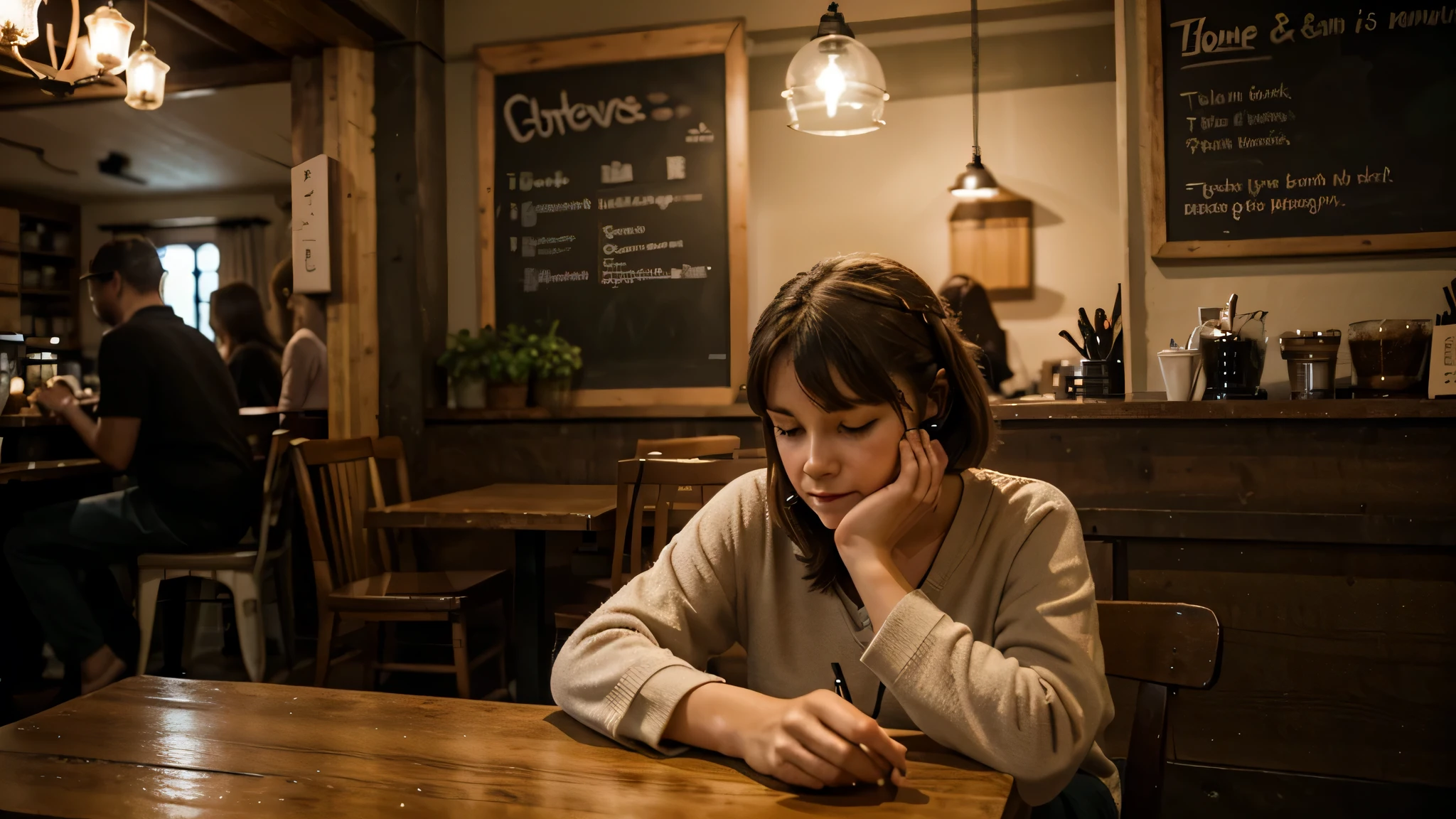 Lofi music, Lofi BGM, Cozy, relaxed, comfortable, Rested, a quaint café interior with soft lighting and patrons lost in thought or creativity, afternoon ambiance, Photography.