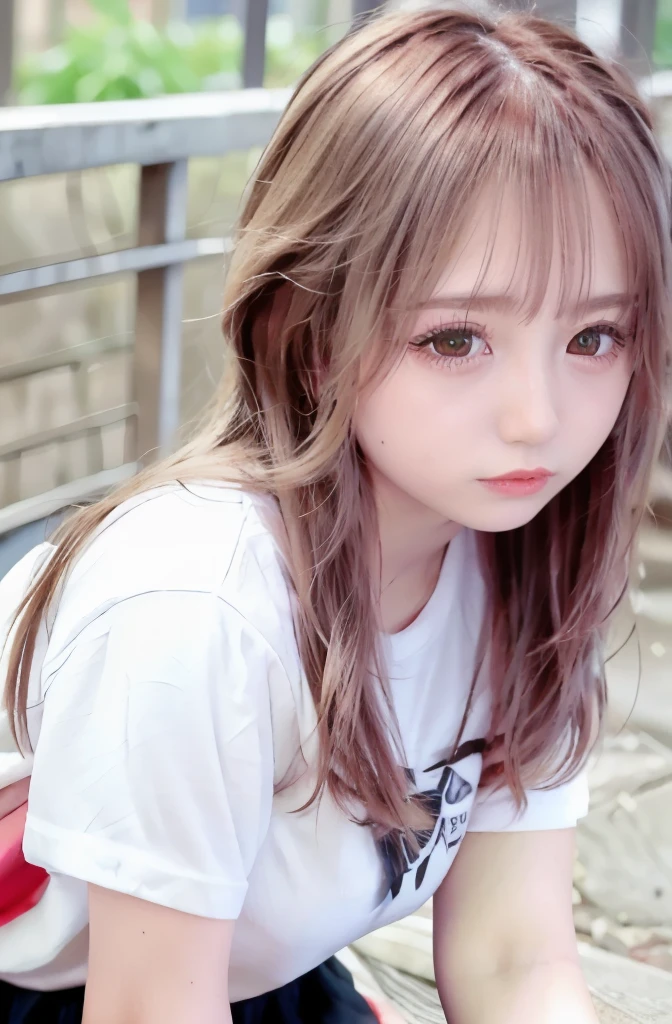((get down on all fours)),((Baby Pose)),((High high)),((puppy style)),1 girl, single, alone, Beautiful woman、((I could see the whole body:1.3))、 ((middle wave hair, bangs, brown hair)), ((brown eyes, beautiful eyelashes, realistic eyes)), ((detailed face, blush:1.2)), ((smooth texture:0.75, realistic texture:0.65, realistic:1.1, Anime CG style)), perfect body, (( white shirt)), ((black skirt:1.3)), 1 girl,(highest quality,4k,8K,High resolution,masterpiece:1.2),1 Beautiful woman,18-year-old,35mm lens,f/1,considerable breasts,soft sunlight,bright colors,playful expression