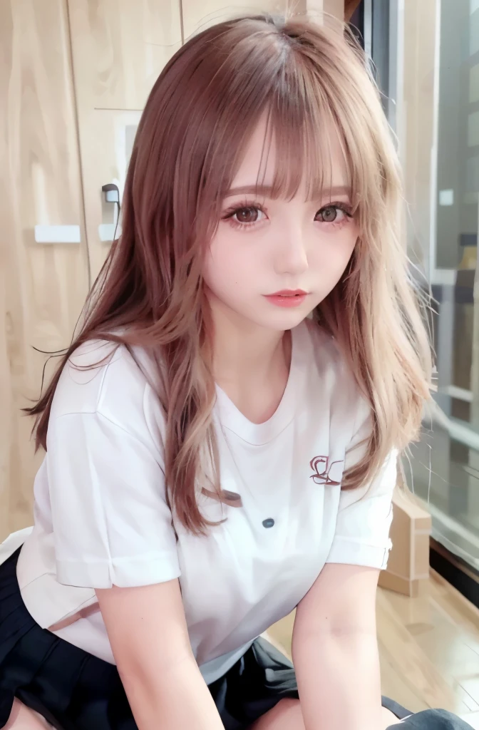 ((get down on all fours)),((Baby Pose)),((High high)),((puppy style)),1 girl, single, alone, Beautiful woman、((I could see the whole body:1.3))、 ((middle wave hair, bangs, brown hair)), ((brown eyes, beautiful eyelashes, realistic eyes)), ((detailed face, blush:1.2)), ((smooth texture:0.75, realistic texture:0.65, realistic:1.1, Anime CG style)), perfect body,  (( white shirt)), ((black skirt:1.3)), 1 girl,(highest quality,4k,8K,High resolution,masterpiece:1.2),1 Beautiful woman,18-year-old,35mm lens,f/1,considerable breasts,soft sunlight,bright colors,playful expression