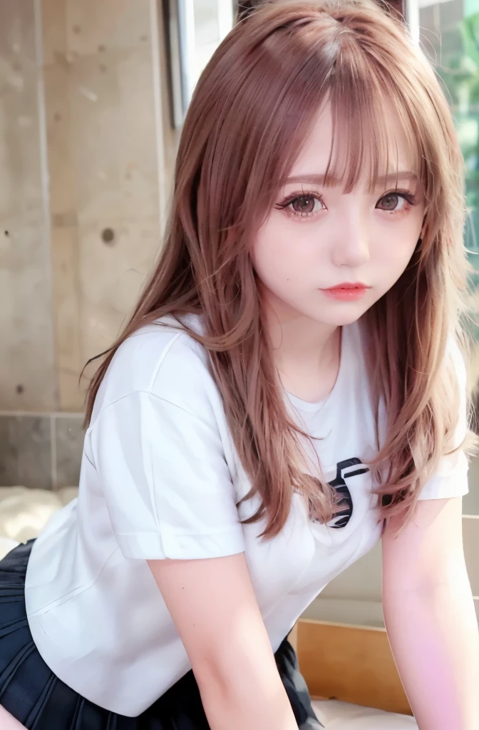 ((get down on all fours)),((Baby Pose)),((High high)),((puppy style)),1 girl, single, alone, Beautiful woman、((I could see the whole body:1.3))、 ((middle wave hair, bangs, brown hair)), ((brown eyes, beautiful eyelashes, realistic eyes)), ((detailed face, blush:1.2)), ((smooth texture:0.75, realistic texture:0.65, realistic:1.1, Anime CG style)), perfect body, (( white shirt)), ((black skirt:1.3)), 1 girl,(highest quality,4k,8K,High resolution,masterpiece:1.2),1 Beautiful woman,18-year-old,35mm lens,f/1,considerable breasts,soft sunlight,bright colors,playful expression