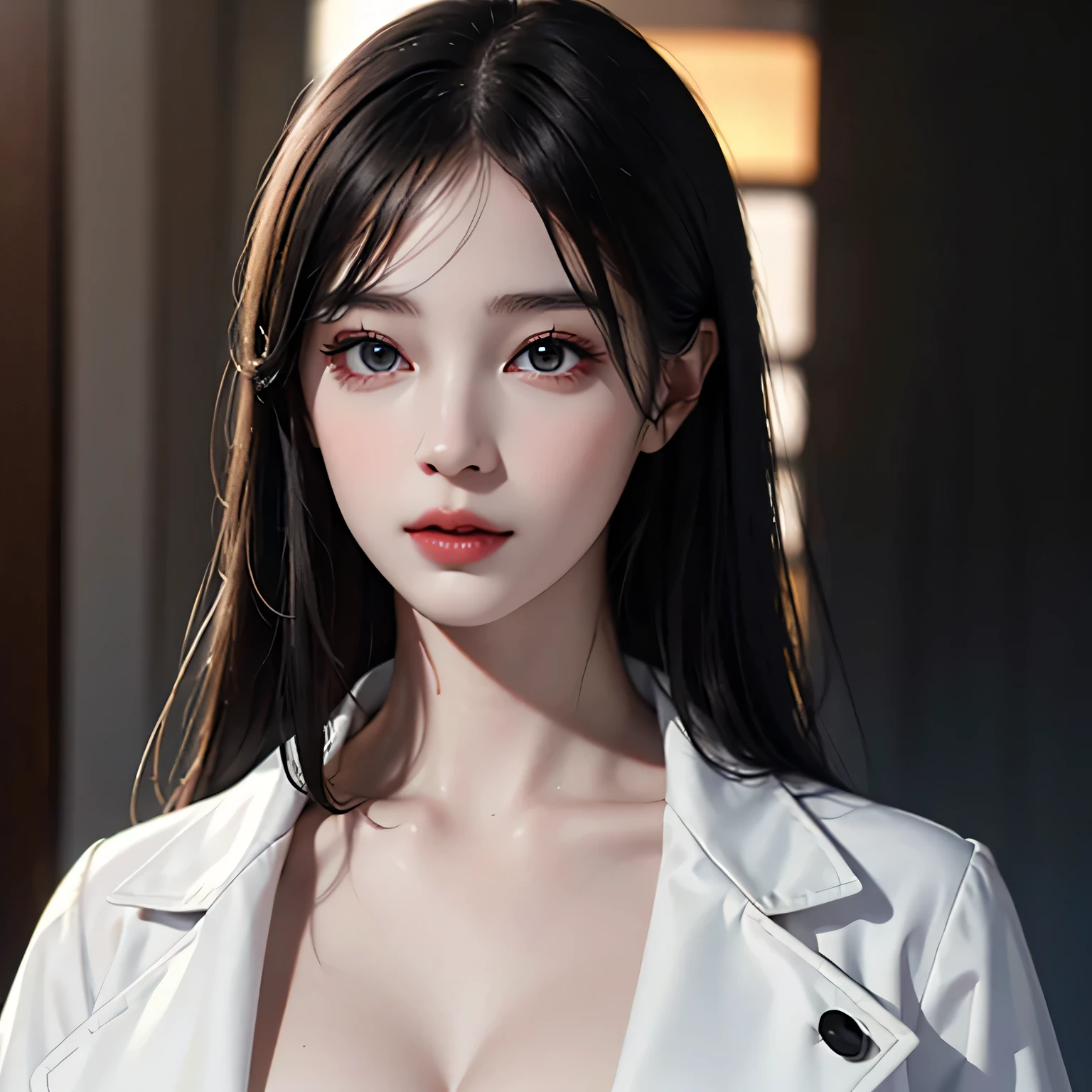 Beautiful girl with realistic black eyes, pale skin, medium length black hair, perfect face, perfect eyes, wearing a coat, very detailed, comprehensive movie, digital painting, 8K, cinematic lighting, highest quality, High resolution, well done!, Post-processing, perfect result, surreal,(((revealing clothes))),big breasts