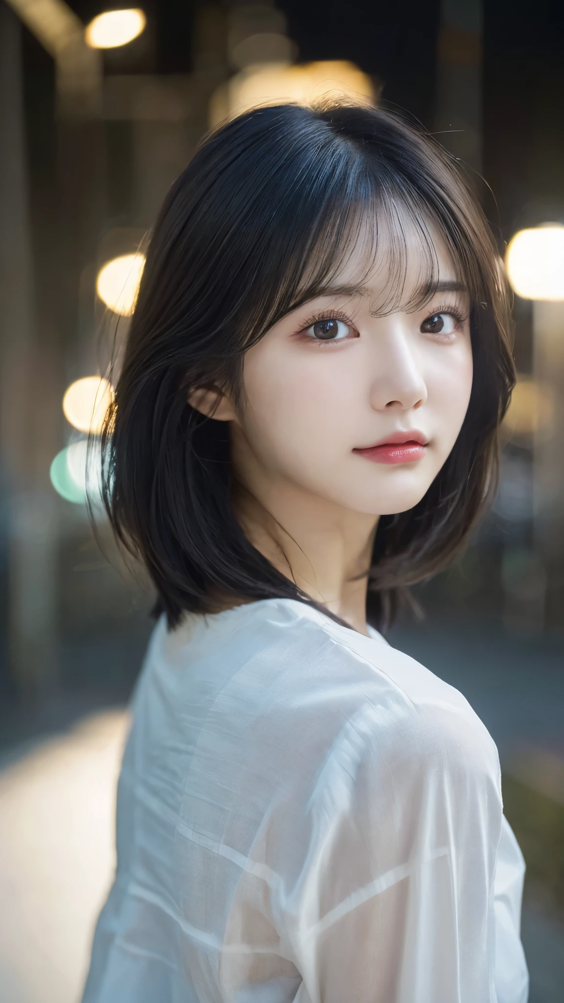 (highest quality,masterpiece:1.3,超A high resolution,),(super detailed,caustics),(Photoreal:1.4,RAW shooting,)ultra-realistic capture,very detailed,High definition 16K for human skin、 Natural skin texture、、Skin looks even-toned and healthy、 Use natural light and color,one woman,Japanese,,cute,black haired,middle hair,(Depth of the bounds written、chromatic aberration、、wide range of lighting、natural shading、)、(outdoor lights at night:1.4)、(hair swaying in the wind:1)、short hair、(Exposure:3.0)、See-through white shirt