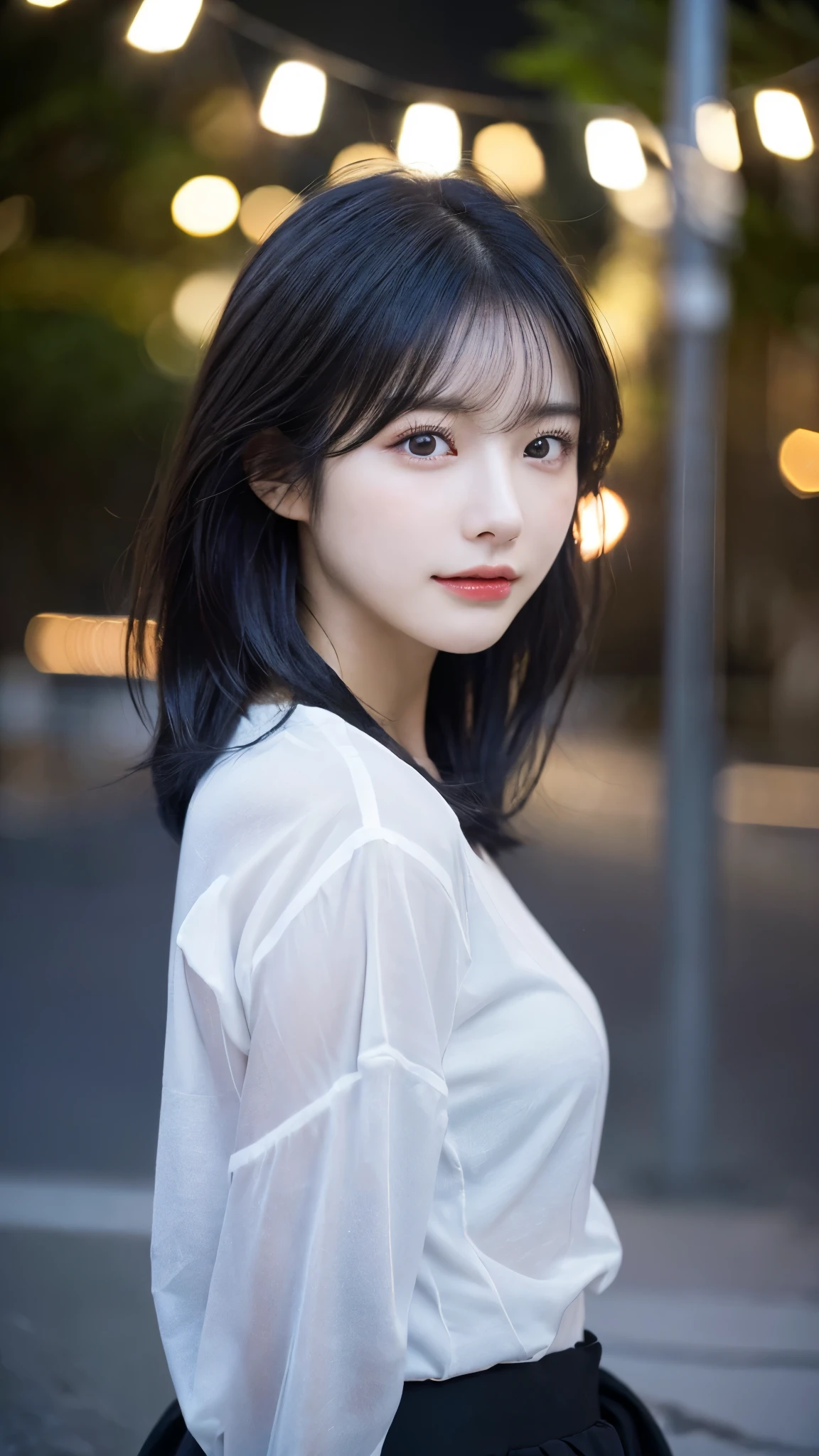 (highest quality,masterpiece:1.3,超A high resolution,),(super detailed,caustics),(Photoreal:1.4,RAW shooting,)ultra-realistic capture,very detailed,High definition 16K for human skin、 Natural skin texture、、Skin looks even-toned and healthy、 Use natural light and color,one woman,Japanese,,cute,black haired,middle hair,(Depth of the bounds written、chromatic aberration、、wide range of lighting、natural shading、)、(outdoor lights at night:1.4)、(hair swaying in the wind:1)、short hair、(Exposure:3.0)、See-through white shirt