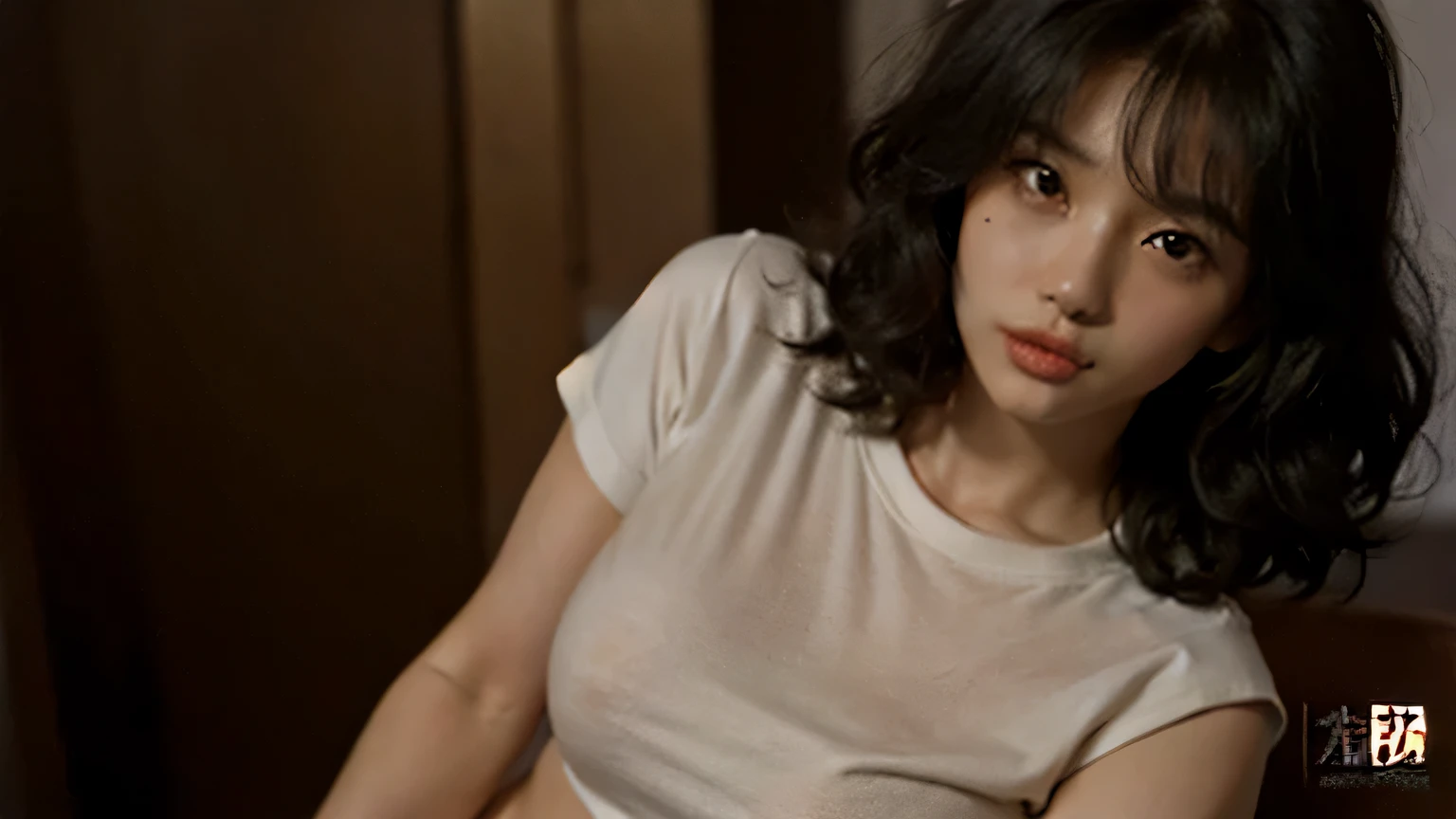 arafed asian woman in a white cropped tshirt posing for a picture, thin asian model, ((massive breasts|huge breasts|tight white cropped tshirt|short sleeves)), 2 4 year old female model, beautiful alluring , model with attractive body, gorgeous young korean woman, gorgeous young model, young sensual graceful, gorgeous chinese model, sporty physique, ((curly bangs)), ((very dark short hair)), ((black hair in a rough shag)), wavy hair, (masterpiece:1.3), high resolution, ((sensual olive skin)), ((rich golden lighting))