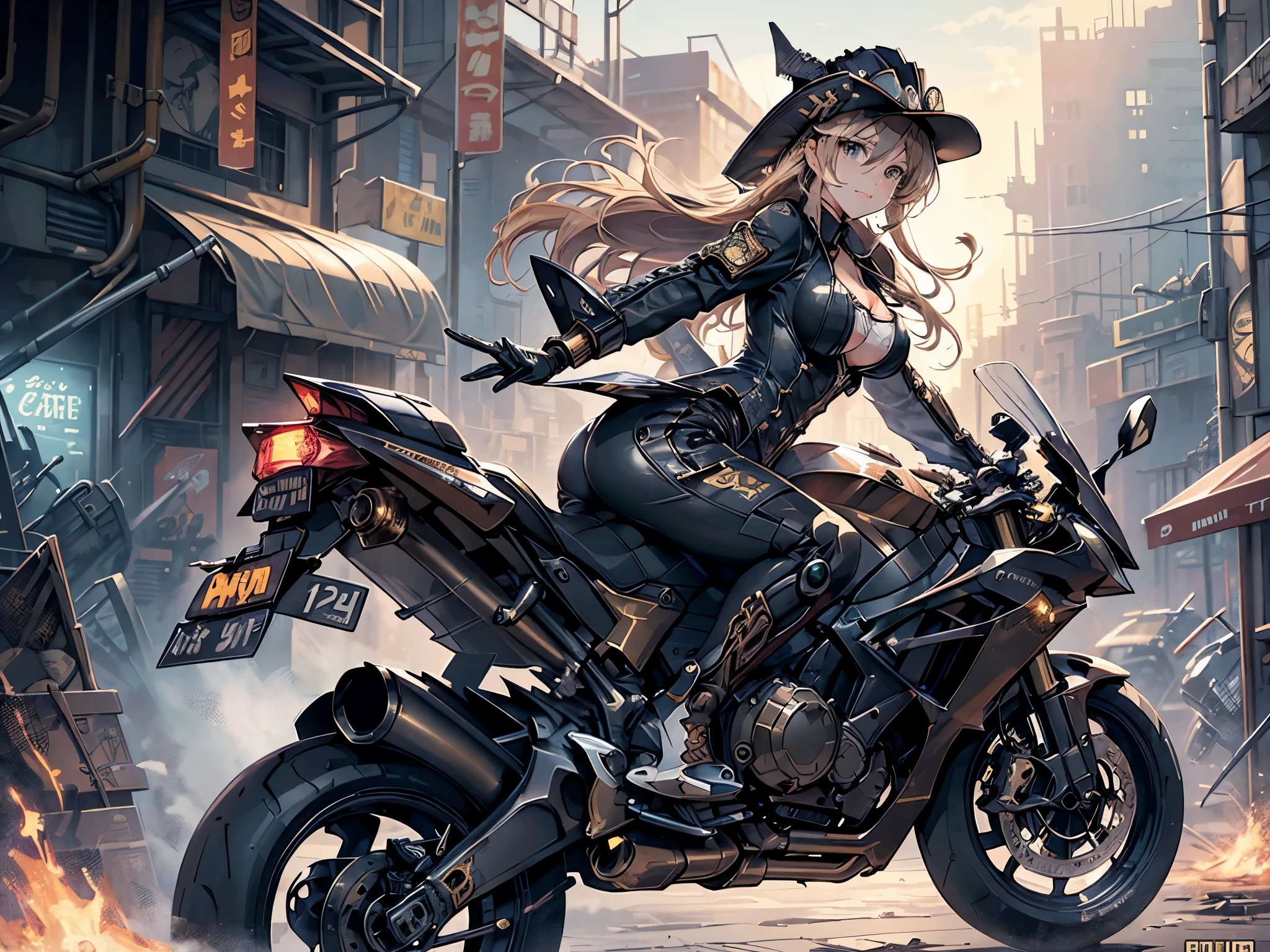 (comic book style),(line drawing_anime),(cowboy shot, highest quality, ),(Laura Budd Photos:1.2),(Laura Add Details:1.0),8K, flat color:0.8,dynamic angle,1 girl,smile、(Steampunk bike ride 1.5)、Exquisitely decorated motorcycle、(Highly decorative and complex mechanical steampunk fashion, lace flare dolphin hat、goggles 1.5、machinery background、Gear background、Intricately mechanized steampunk cityscape 1.5),