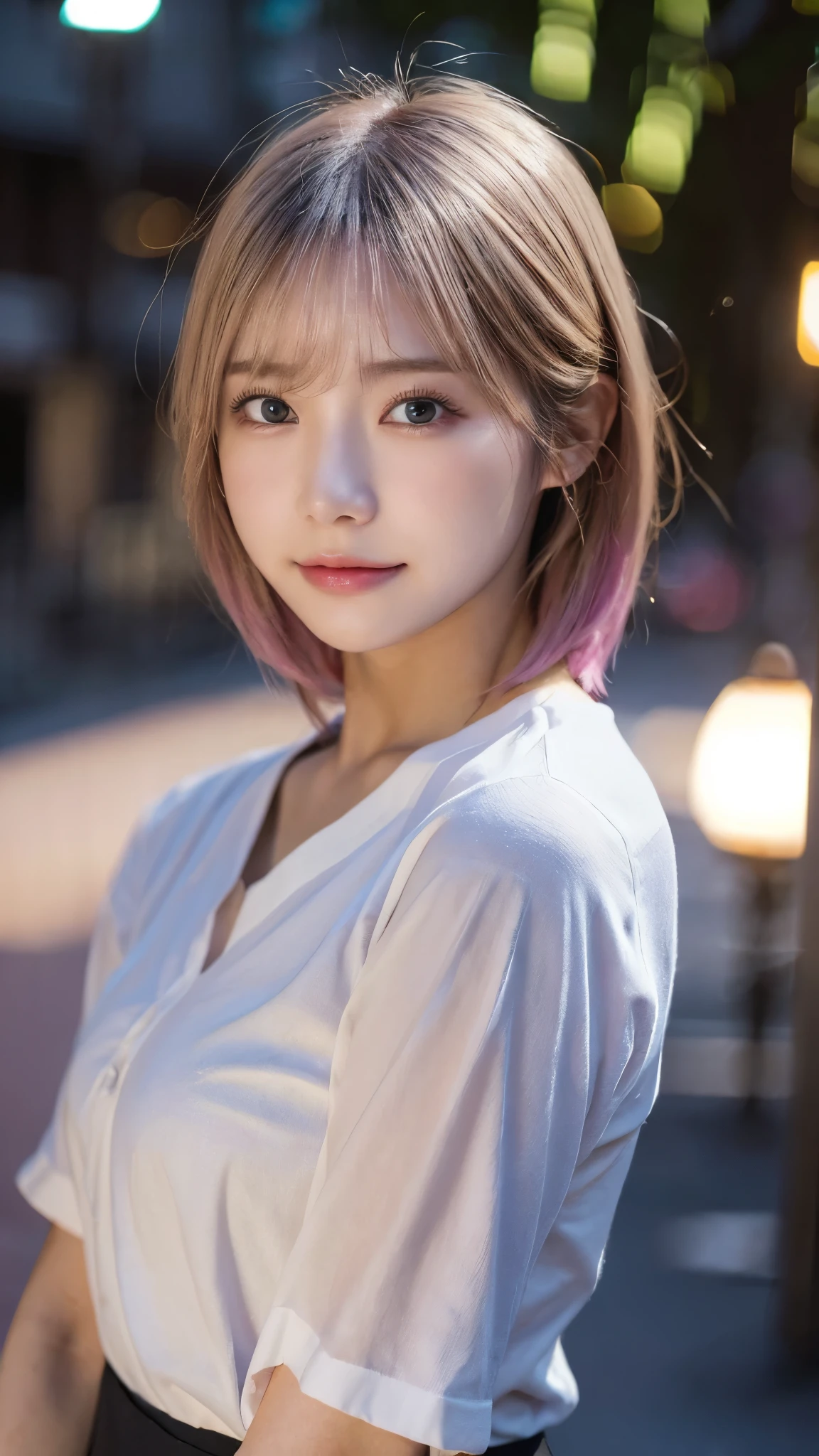(highest quality,masterpiece:1.3,超A high resolution,),(super detailed,caustics),(Photoreal:1.4,RAW shooting,)ultra-realistic capture,very detailed,High definition 16K for human skin、 Natural skin texture、、Skin looks even-toned and healthy、 Use natural light and color,one woman,Japanese,,cute,Pink color,middle hair,(Depth of the bounds written、chromatic aberration、、wide range of lighting、natural shading、)、(outdoor lights at night:1.4)、(hair swaying in the wind:1)、short hair、(Exposure:3.0)、See-through white shirt