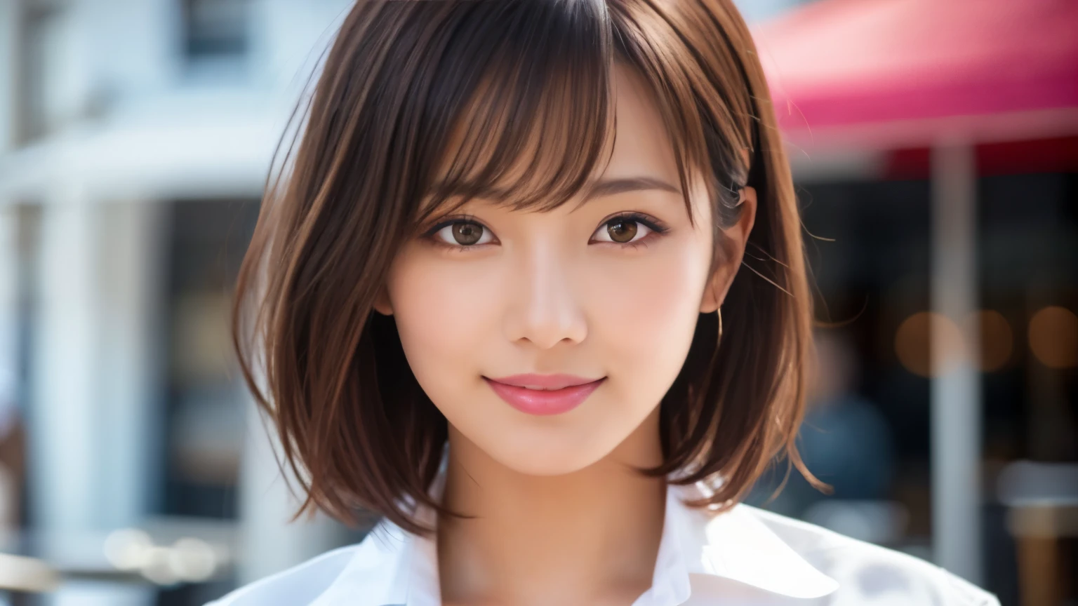 product quality, upper body shot, Front view, inside a stylish cafe, 1 girl, young beautiful japanese woman, short bob hair, hyper pretty face, glamorous, I wear a satin silk white shirt with short sleeves and long sleeves with a collar, Lots of smiles at the cafe, glossy lips, double eyelids of both eyes, natural makeup, long eyelashes, shiny smooth light brown hair, asymmetrical bangs, tanned skin, center image, High resolution, high detail, detailed hairstyle, detailed face, movie lighting, surreal, perfect body,