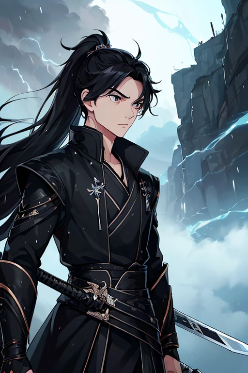 (Best quality,A high resolution,The image is clear,storming,:1.2),a handsome,the only person,Ultra detailed backgrounds,Beautiful teenager standing holding sword,black chinese style clothes,high ponytails,natta,Black colored eyes,stormy weather,black fog,,Dutch Angle Shot,Tense atmosphere,,portrait of upper body,Eye focus,a sharp gaze,