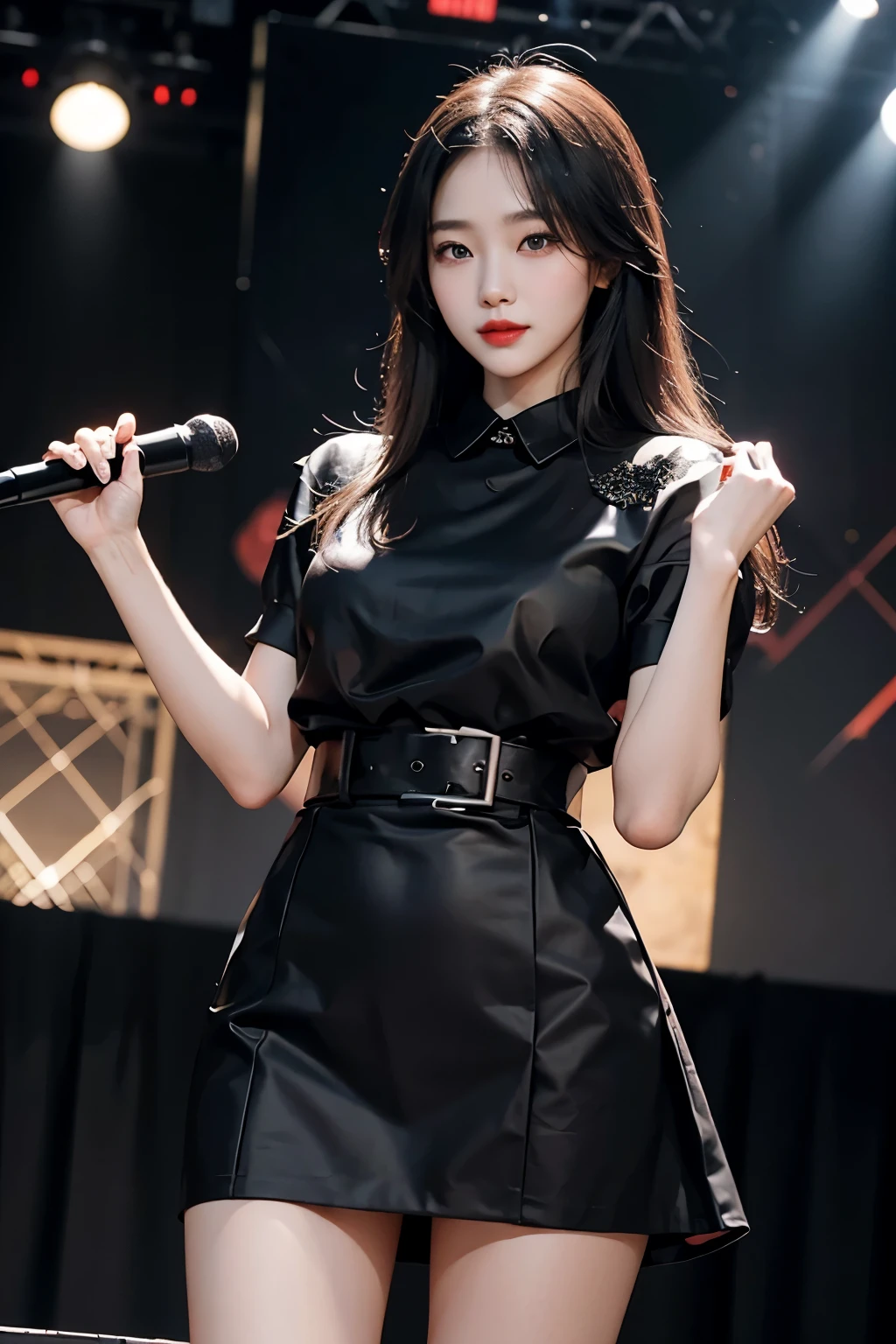 Korean beauty wearing black dress and holding microphone on stage. perform on stage, Korean beauty wearing short skirt and shirt, red lips,mature woman,assembly, Liuyifei, (best quality, masterpiece:1.2), very detailed, (realistic:1.37), beautiful, young, glamorous model (detailed eyes, detailed lips, extremely detailed eyes), cute and casual outfit, showing a bright smile, slim body, long legs, random pose, (clothes:random color), perfect hands,