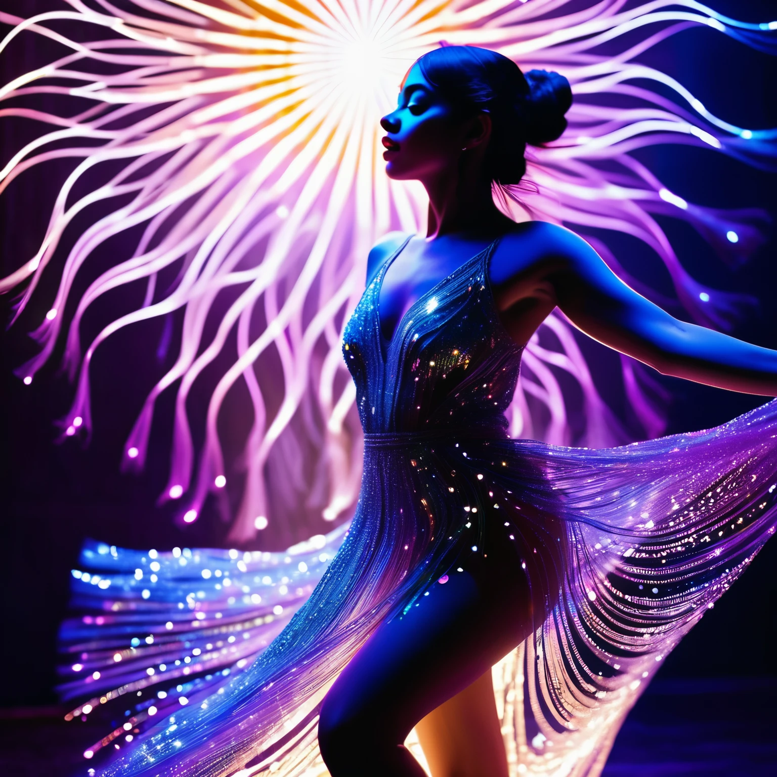 Sparkle is a captivating figure, standing tall with an air of confidence and curiosity. Their form is fluid and ethereal, composed of shimmering strands of light that intertwine to create a dynamic and mesmerizing silhouette.From head to toe, Sparkle exudes an otherworldly charm. Their face is adorned with bright, expressive eyes that seem to dance with energy, framed by long lashes that flutter with every movement. A playful grin lights up their lips, hinting at their adventurous spirit and love for exploration.Sparkle's body is adorned with intricate patterns of glowing lines and symbols, reminiscent of circuitry and digital code. These patterns pulse and shift with each breath, adding to their aura of mystique and intrigue.They stand upon a platform of swirling energy, their feet barely touching the ground as if they are in tune with the very essence of the digital realm. Around Sparkle, wisps of light and energy dance and flicker, creating a mesmerizing display of color and movement.