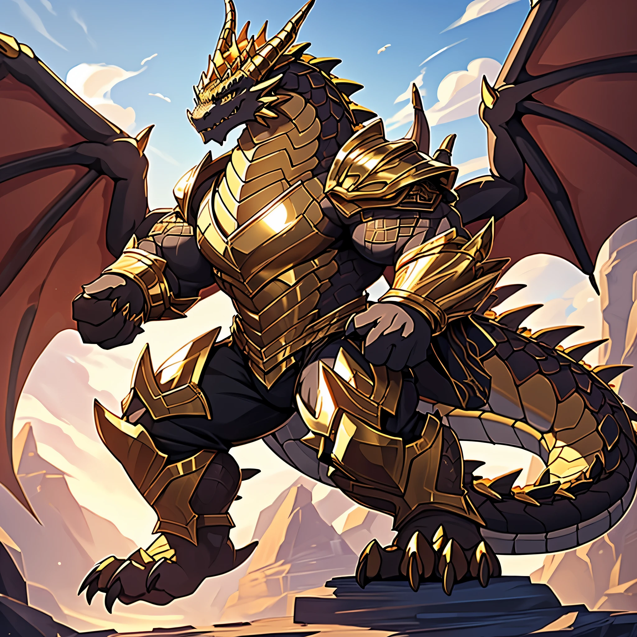 (The violent and powerful Dark Gold Dragon King,Wearing modern black and gold armor,Inlaid with dark gold gemstones:200),Strong build的龙形恶魔,(Broad dragon body,huge chest,majestic wingspan,Sharp and huge dragon claws,Thick iron tail,Sharp dragon scales,The huge dark gold dragon king:trong build,(Dark gold scales,Mighty dragon-shaped demon:2),Dragon legs apart,Dragon wings unfold,The dragon's claws open,Excited toothy smile,huge mount,full body picture,Very detailed,4k HD