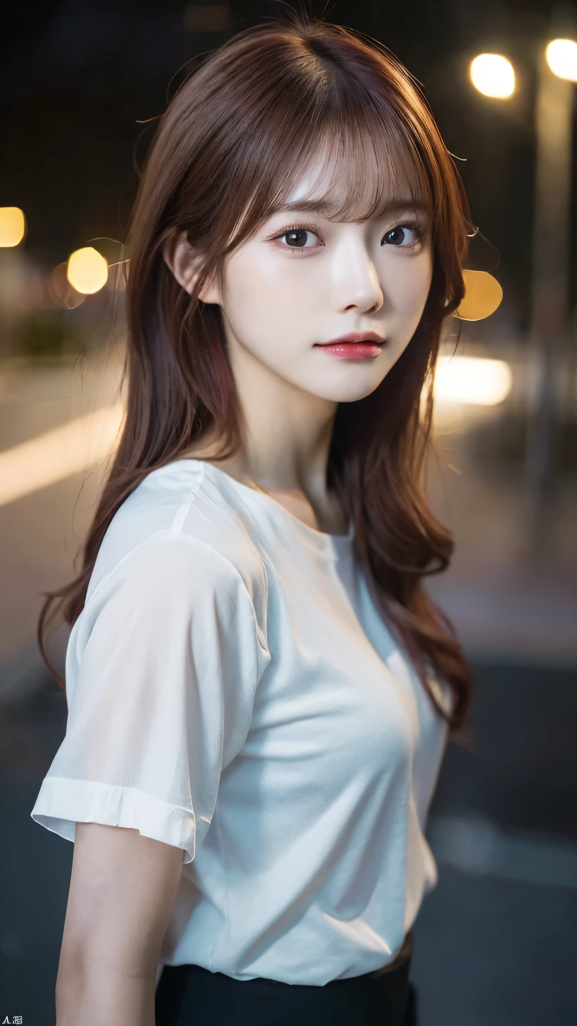 (highest quality,masterpiece:1.3,超A high resolution,),(super detailed,caustics),(Photoreal:1.4,RAW shooting,)ultra-realistic capture,very detailed,High definition 16K for human skin、 Natural skin texture、、Skin looks even-toned and healthy、 Use natural light and color,one woman,Japanese,,cute,red haired,middle hair,(Depth of the bounds written、chromatic aberration、、wide range of lighting、natural shading、)、(outdoor lights at night:1.4)、(hair swaying in the wind:1)、short hair、（Exposure:3.0）、See-through white shirt