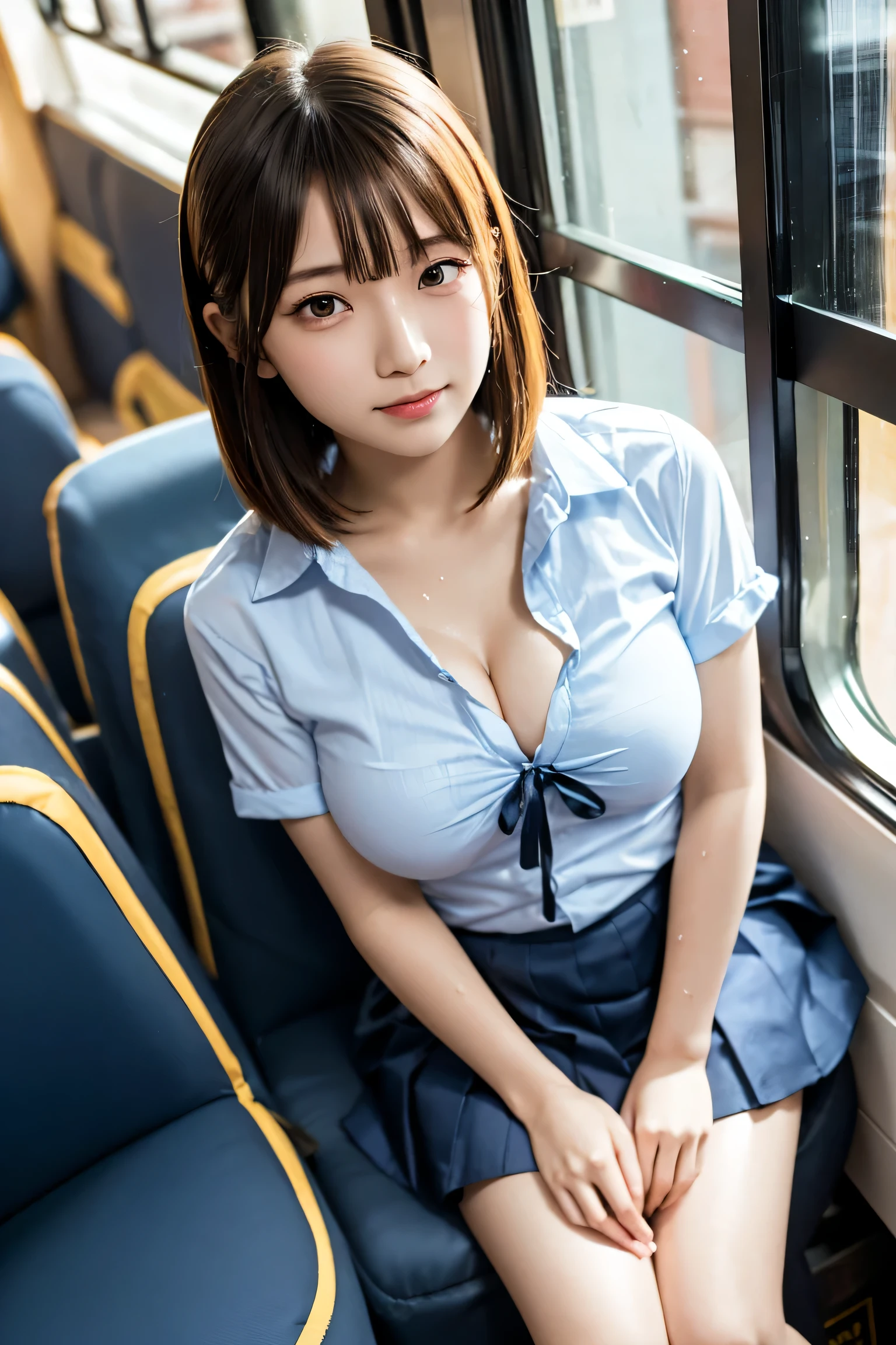 japanese girls、28yo woman、ple short hair、Blond Hair、bangs、BROWN EYES、Perfect figure、Sense of transparency、luster、gloss、modest chest、School Uniforms、Navy blue ribbon、Light blue shirt、Navy blue skirt、Guangyue、Burning body、hposing Gravure Idol、On the train、Beautiful feet、Strong sunlight、Nasty、Rain-drenched body、wet、actress、hposing Gravure Idol、Nogizaka Idol、korean idol