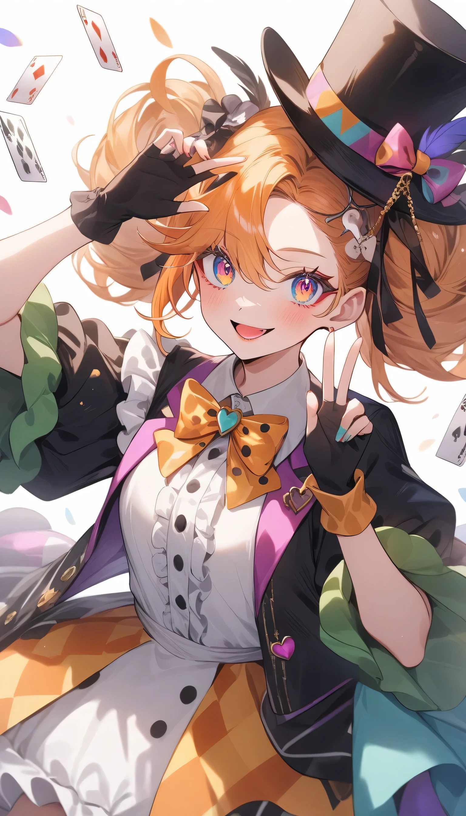 (highest quality、masterpiece、High resolution、detailed)、4K、beautiful anime、(Shining eyes、detailed beautiful face)､no text, 1girl,
BREAK
//Fashions 
Whimsical Tea Party Mad Hatter,
This costume captures the eccentricity and whimsy of the Mad Hatter character with a playful twist, Start with a colorful and mismatched ensemble featuring layers of eclectic fabrics and patterns, Pair a vibrant, oversized jacket or coat with a ruffled blouse and striped or polka-dot trousers for a whimsical look, 
BREAK
Add quirky accessories such as mismatched socks, fingerless gloves, and a patterned bow tie or ascot, Top off the outfit with a whimsical top hat adorned with feathers, ribbons, and playing cards, and don’t forget the signature orange wig or wild hairstyle, Complete the look with colorful makeup, including bold eyeshadow, bright lipstick, and rosy cheeks, embodying the playful spirit of the Mad Hatter’s tea party,
BREAK