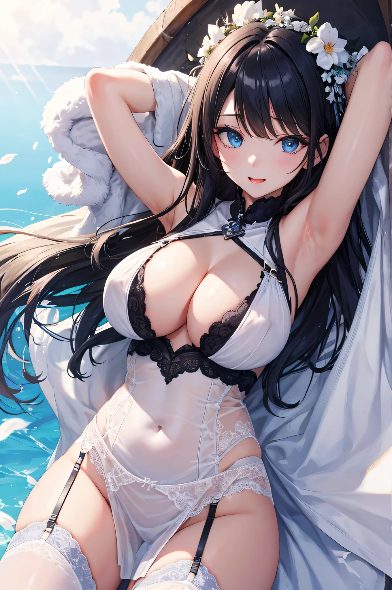 (masterpiece:1.2), (highest quality:1.2),, Curvy but slender body, adult woman、perfect eyes, perfect face,exact number of fingers、Exact number of legs、Exact number of arms、put your hands behind your head、bangs, perfect lighting, 1 girl,,(garter belt)、Nipple exposure、,breast milk、long nipples、beautiful big breasts(erect nipples:1)、sexy look、restraints(ironwork)high socks,curly hair、detailed outdoor background, compensate, eye shadow, thick eyelashes, fantasy, looking at the viewer, whole body、blue sky、bright and beautiful face、young and white shiny skin,、the best beauty、The most beautiful light black hair in the world、thin hair、long hair、Shining beautiful Bangs、big blue eyes、the most beautiful girl in the world、Very detailed CG, (perfect hands, perfect anatomy),embarrassed look、sexy look、mouth half open、whole body、sexually excited look