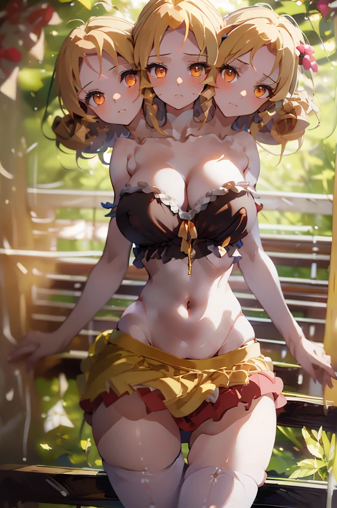(masterpiece, best quality), best quality, best resolution, (ultra-detailed), (3heads:1.5), 1girl, (elly:1.3), masterpiece, best quality, ultra quality, ultra resolution, ultra detail, dark red and pink top, crop top, ((stomach)), midriff, ((groin)), dark red and pink skirt, miniskirt, normal ears, shackles, yellow hair, very long hair, wavy hair, sidelocks, yellow eyes, parted lips, open belly, sweat, cute, toned belly, hand on own chest, eyelashes, (24 year old woman:1.3), (masterpiece:1.5), (best quality:1.5), (beautiful detailed), extremely detailed CG, extremely delicate and beautiful, depth of field, (finely detailed face), (perfect details:1.2), (mature female:1.3), wide pelvis, slender, large veiny breast, 16k resolution, highres, high quality, high definition, extremely detailed, masterpiece, yellow hair, long hair, alluring presence, twin braid, short skirt, close up, big tits, young,