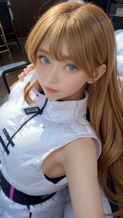 bright look、photorealism、full body painting、highest quality、超A high resolution、picture、北欧生まれの非常にbeautiful少女の写真、extraordinary beautiful girl、可愛くてbeautiful顔の詳細、(Pueros face_V1:0.008)、beautiful bangs、alice in wonderland、、Radiant, fair, glowing skin、facial hair、Bangs that extend to the face、bangs between eyes、super long hair、Glamorous bright natural platinum blonde super long straight silky hair、high resolution eyes、beautiful, Bright and clear, Big light blue eyes shine charmingly、(white astrovest):10、eyeliner、double eyelid、rich bust、Going to bed、lie on your back、sprawl、sleep on your side、lying on one's back