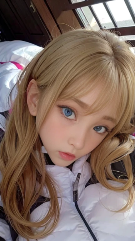 bright look、photorealism、full body painting、highest quality、超A high resolution、picture、北欧生まれの非常にbeautiful少女の写真、extraordinary beautiful girl、可愛くてbeautiful顔の詳細、(Pueros face_V1:0.008)、beautiful bangs、alice in wonderland、s old、Radiant, fair, glowing skin、facial hair、Bangs that extend to the face、bangs between eyes、super long hair、Glamorous bright natural platinum blonde super long straight silky hair、high resolution eyes、beautiful, Bright and clear, Big light blue eyes shine charmingly、(white astrovest):10、eyeliner、double eyelid、rich bust、Going to bed、lie on your back、sprawl、sleep on your side、lying on one's back
