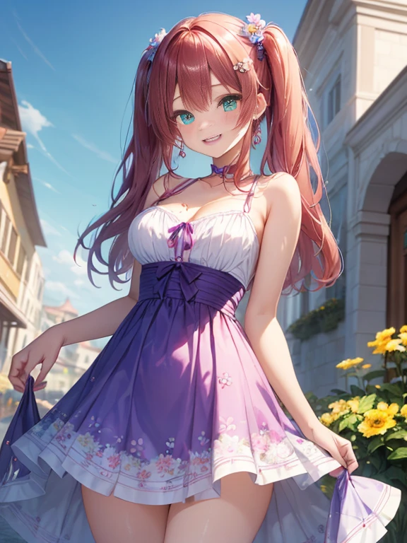 小さなgirl、The arrival of spring、hip shot、thick thighs、thick thighs、 big ass、chest is small、(alone:1.5,)Super detailed,bright colors, very beautiful detailed anime face and eyes, back view、 shiny_skin,girl, ((Purple long hair,Inner color is red 、forehead is exposed.、green eyes、、shiny hair, delicate beautiful face, blush、(turquoise eyes), White skin, Valletta, earrings,、blue flower field、(((Floral pink、See-through、turtleneck clothing、tight、white tight skirt)))、twin tails、smile、happy face、face dyed red