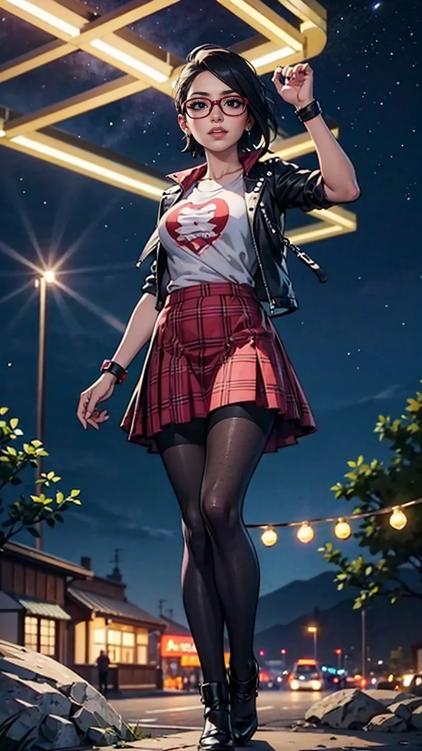 Sarada Uchiha with short hair, black eyes, wearing red glasses, she is wearing earrings and strings. She is dressed like a punk rocker. ( She is wearing a white t-shirt with a rock band print, a plaid skirt and a leather jacket with tattoos, pantyhose ), ( and is riding in a brightly lit amusement park on a starry night ), ((( parading, standing )))