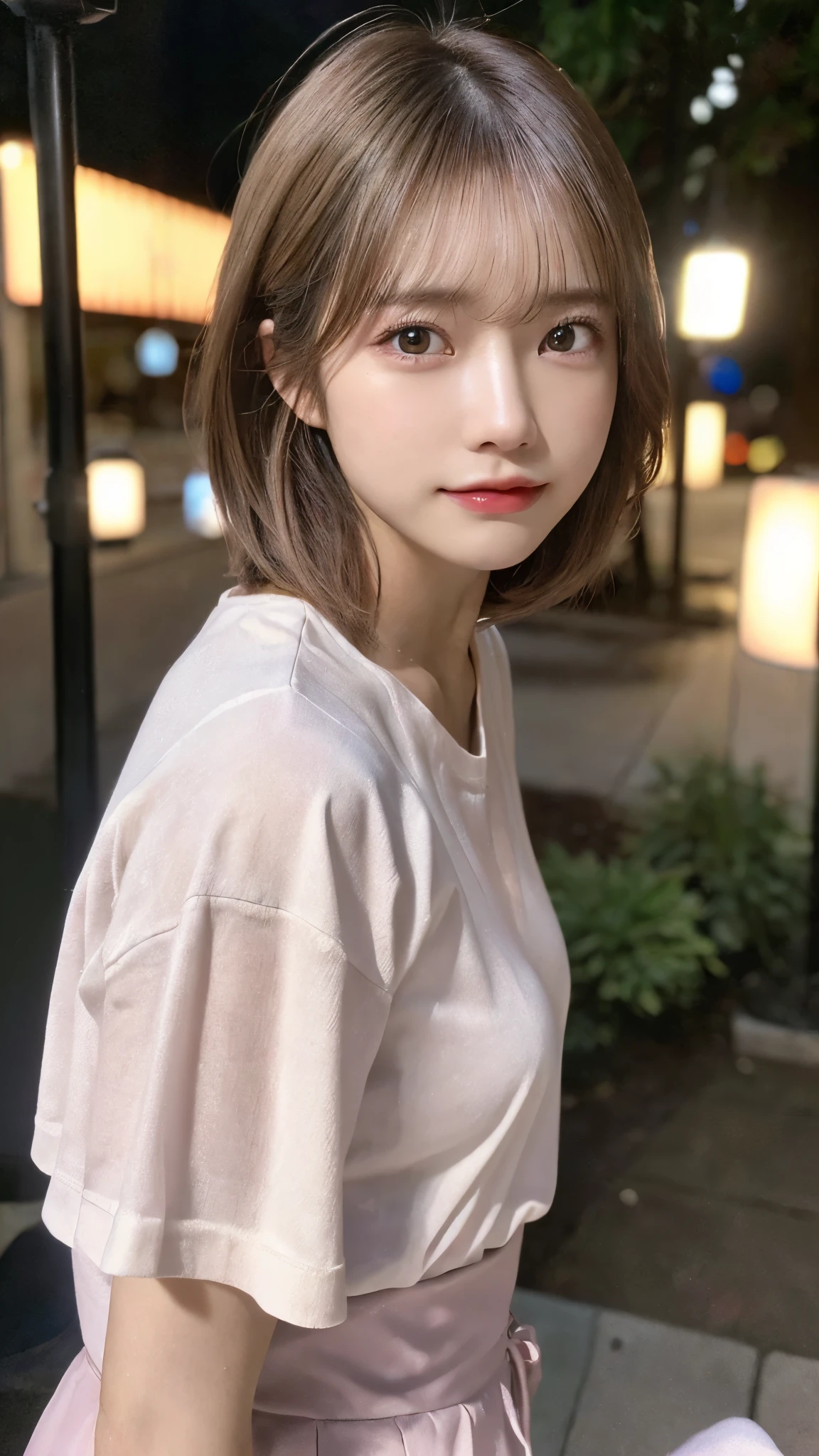 (highest quality,masterpiece:1.3,超A high resolution,),(super detailed,caustics),(Photoreal:1.4,RAW shooting,)ultra-realistic capture,very detailed,High definition 16K for human skin、 Natural skin texture、、Skin looks even-toned and healthy、 Use natural light and color,one woman,Japanese,,cute,Pink color,middle hair,(Depth of the bounds written、chromatic aberration、、wide range of lighting、natural shading、)、(outdoor lights at night:1.4)、(hair swaying in the wind:1)、short hair、（Exposure:3.0）、See-through white shirt、inside the cafe、coffee