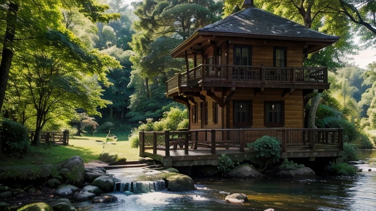 Transport yourself to a serene and harmonious haven, where nature embraces every corner. Imagine yourself among tall trees, whose leaves dance to the gentle rhythm of the wind and rivers. Before you, uma casa de madeira se ergue, convidando-o a entrar em seu aconchego acolhedor. E ali, Next, a charming tree house, a sanctuary of tranquility and contemplation. Describe this picturesque setting and let your imagination flow, capturing the serenity of nature in all its relaxing glory.